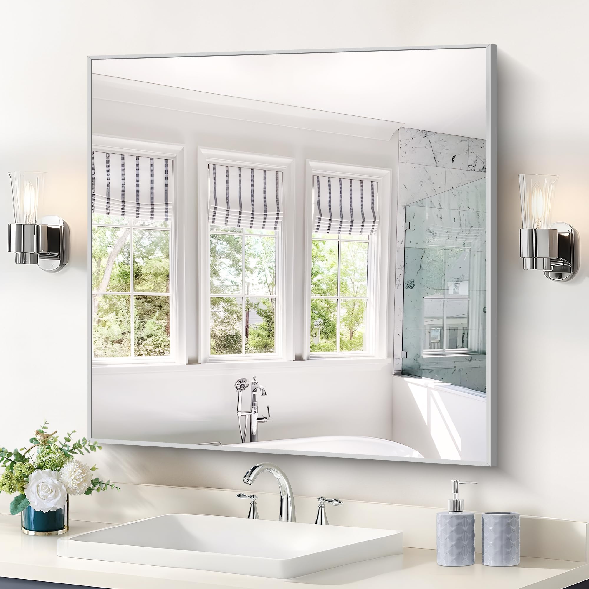 silver bathroom mirror for wall, 30x30 inch rectangle mirrors with metal frame, modern vanity wall mirror decor for bathroom living room, entryway hangs horizontal or vertical