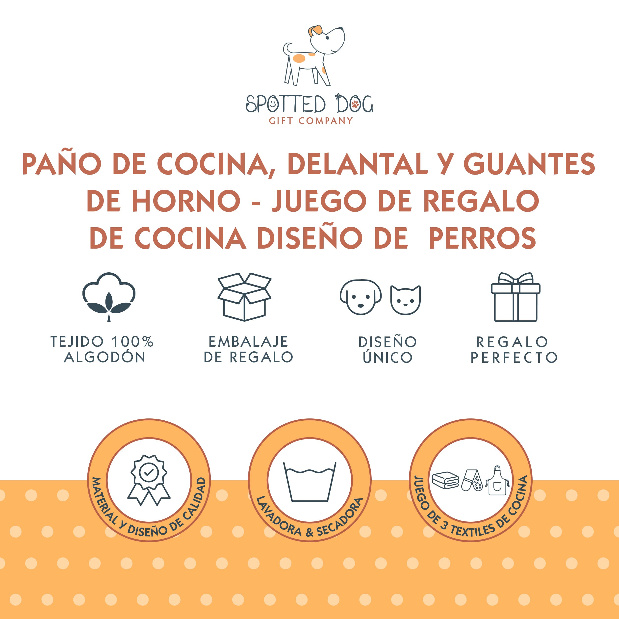 SPOTTED DOG GIFT COMPANY Juego de Regalo de 3 Piezas con Delantal, Paño de Cocina y Guante de Horno Doble, Accesorios Cocina Originales de Perros Lindos, Regalos para Amantes de los Perros