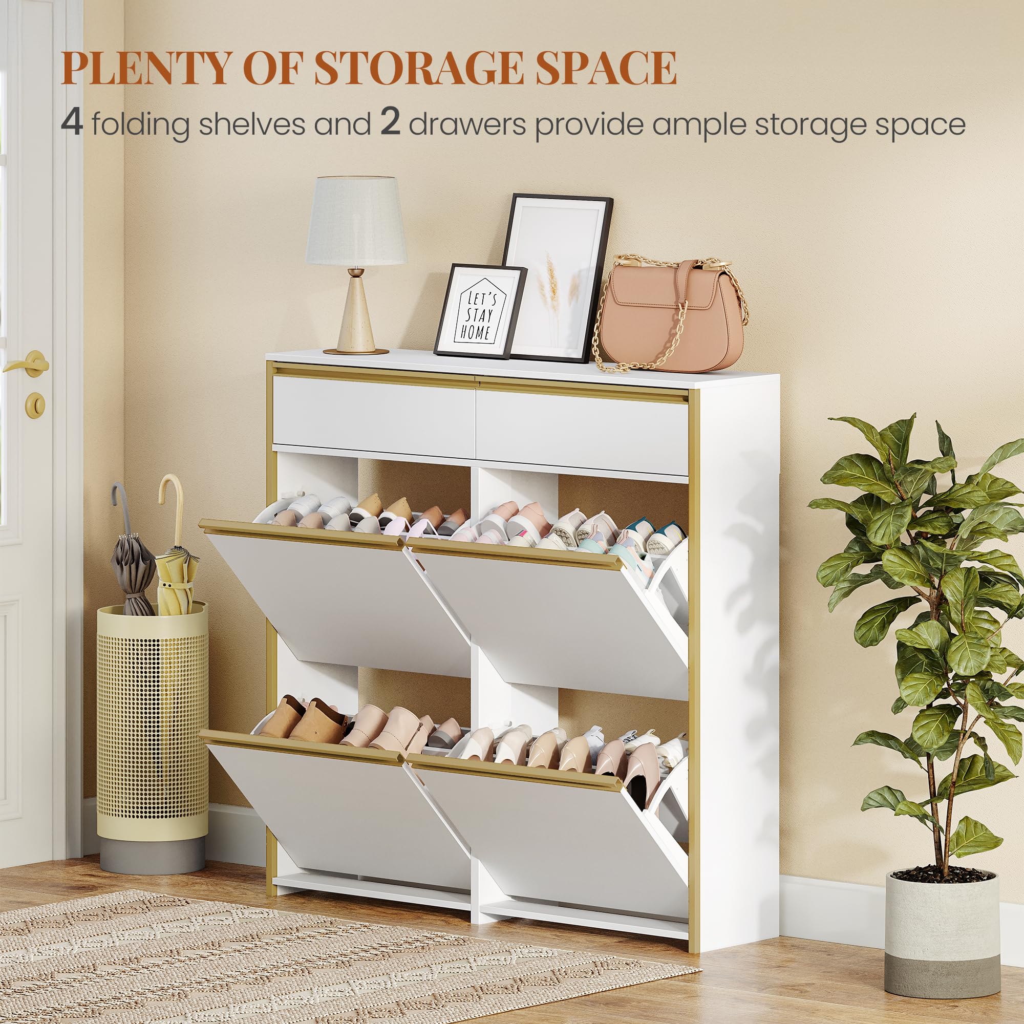 HEXCELEN Armario Zapatero Estrecho con 4 Puertas Abatibles, Zapatero con Cajón, Divisor Ajustable y Desmontable, 100 x 24 x 99 cm, para 16-24 Pares, para Pasillo, Entrada, Blanco-Dorado