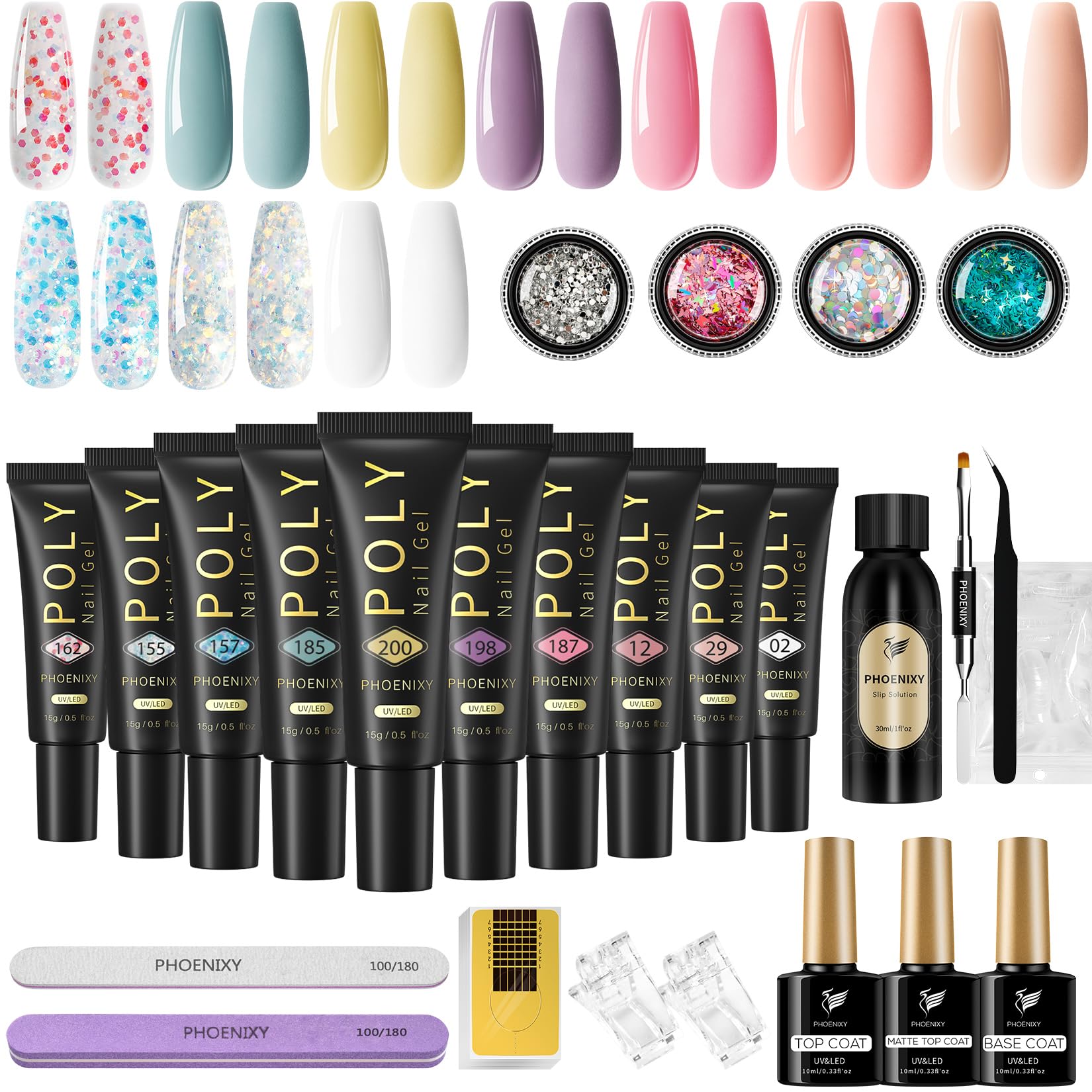 PHOENIXYPoly Nail Gel Kit, 10 Colors Poly Extension Nail Gel Kit Poly Nail Gel Starter Set with Glossy & Matte Top Coat Basic Manicure Tools Gifts for Women