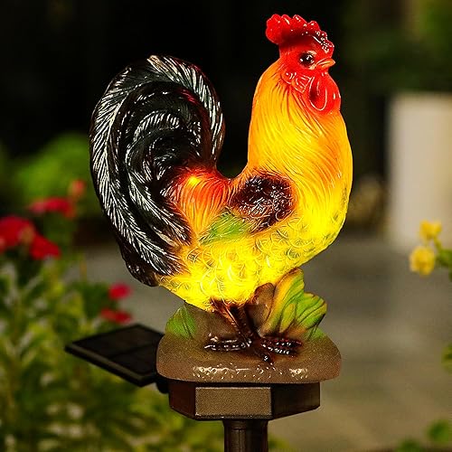 Luces solares de gallo para decoración al aire libre, decoración solar de pollo, luces de estacas de jardín, estatua de pollo impermeable con luces