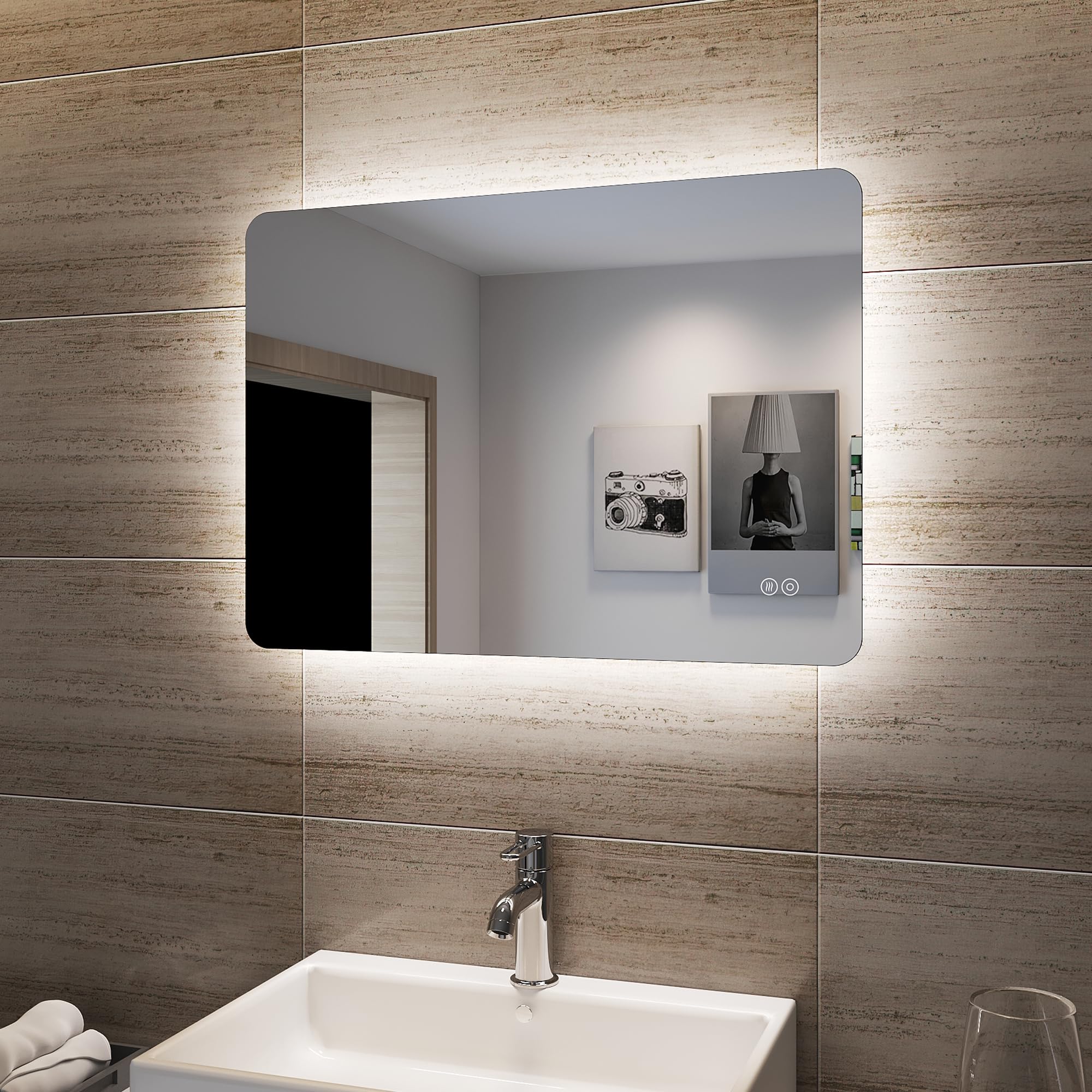 SONNI Espejo de Baño con Luz LED con Interruptor Tátil 70x50 cm Blanco Frío IP44 Espejo de Pared de Ahorro de Energía