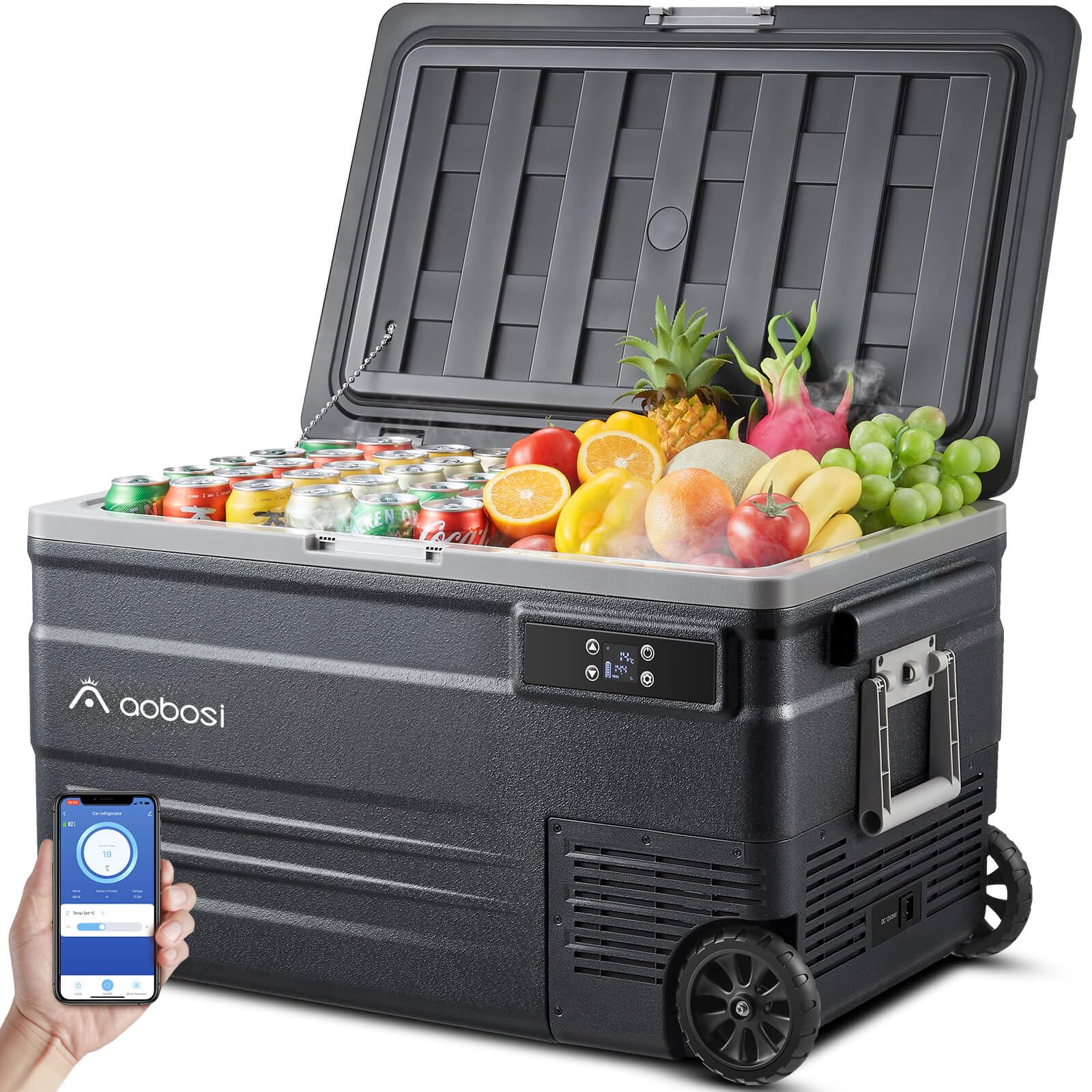 AAOBOSI Nevera Portátil 74 Litros, -20℃ a 20℃ Nevera Portatil Electrica, Nevera Coche 12V/24V DC y 100V a 240V AC, APP Control, Nevera Camping para Hogar, Viajes, Coche, Barco y Autocaravana