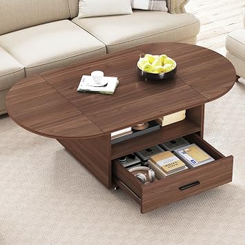 IBF Foldable Coffee Table with Drawer Storage, 47" Wood Oval Living Room Tables, Modern Extendable Center Table for Bedroom, Multifunctional Rolling Tea Table with 4 Wheels for Home, Walunt