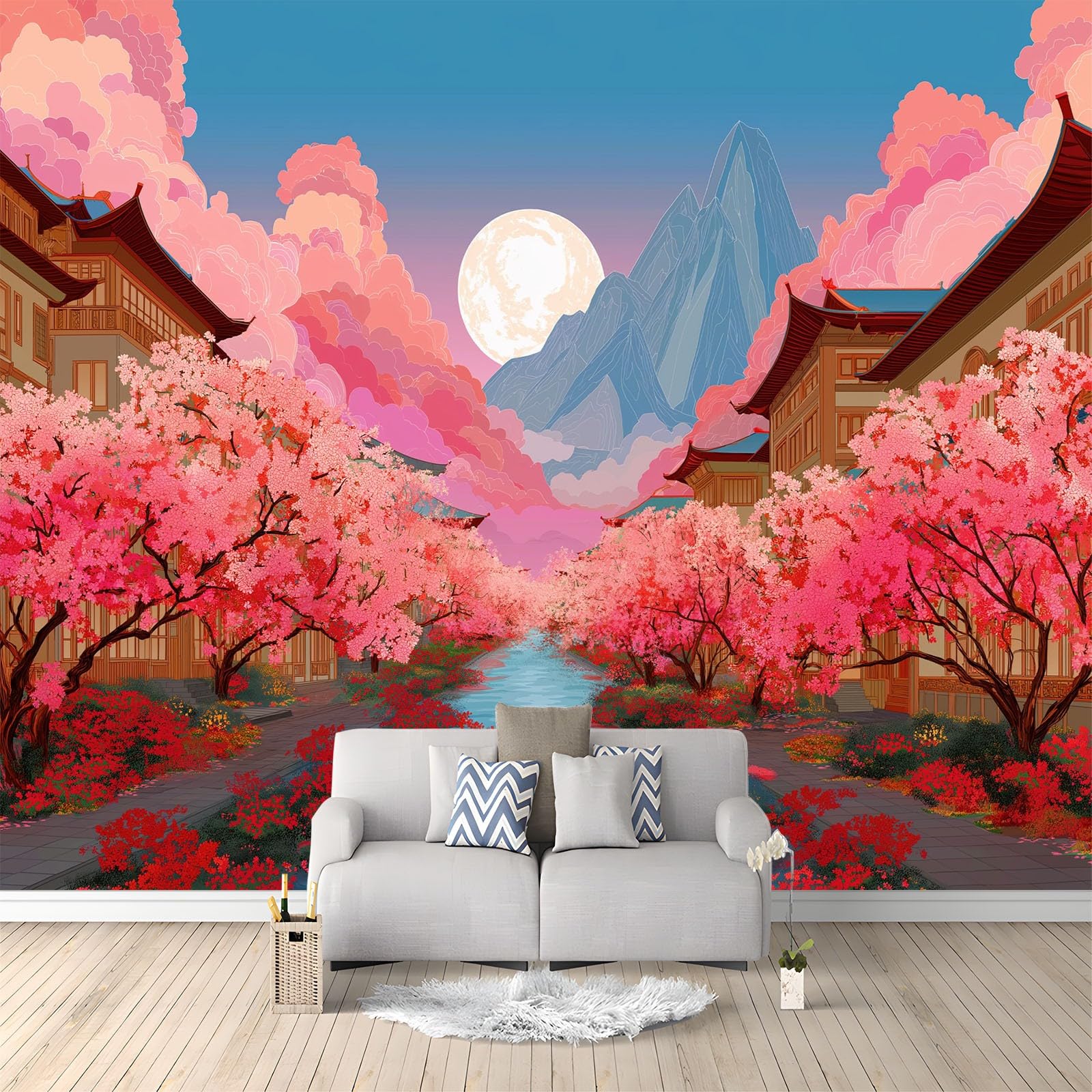 Générique Animowana tapeta panoramiczna kwiaty wiśni flaga górska 3D 250 x 175 cm, włóknina XXL nowoczesna dekoracja ścienna salon sypialnia biuro pokój dziecięcy, niebieska