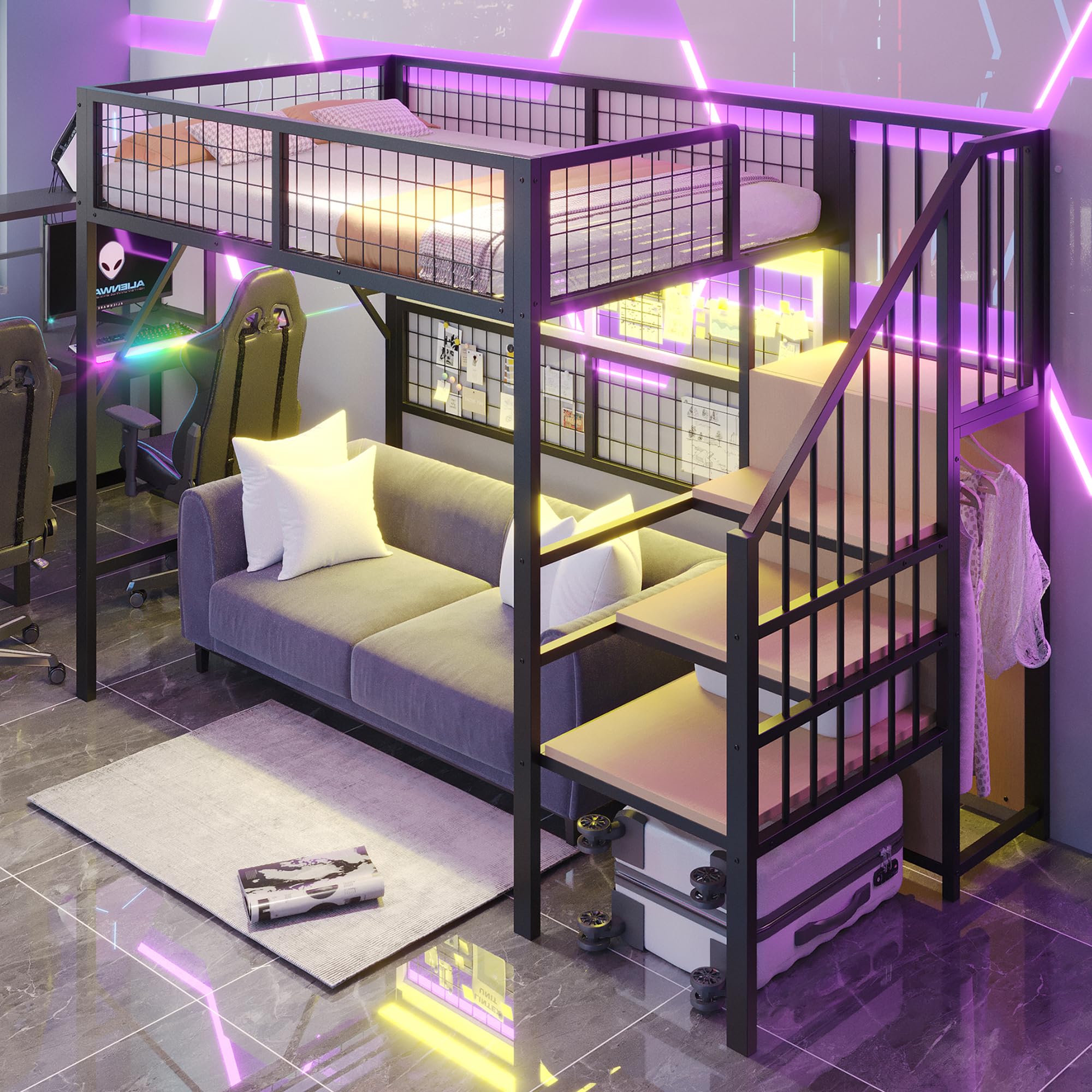 Cama de hierro, litera, 90 x 200 cm, adecuada para niños y jóvenes, con tiras de luz LED controladas por la aplicación, escalera con espacio de almacenamiento, armario abierto, color negro