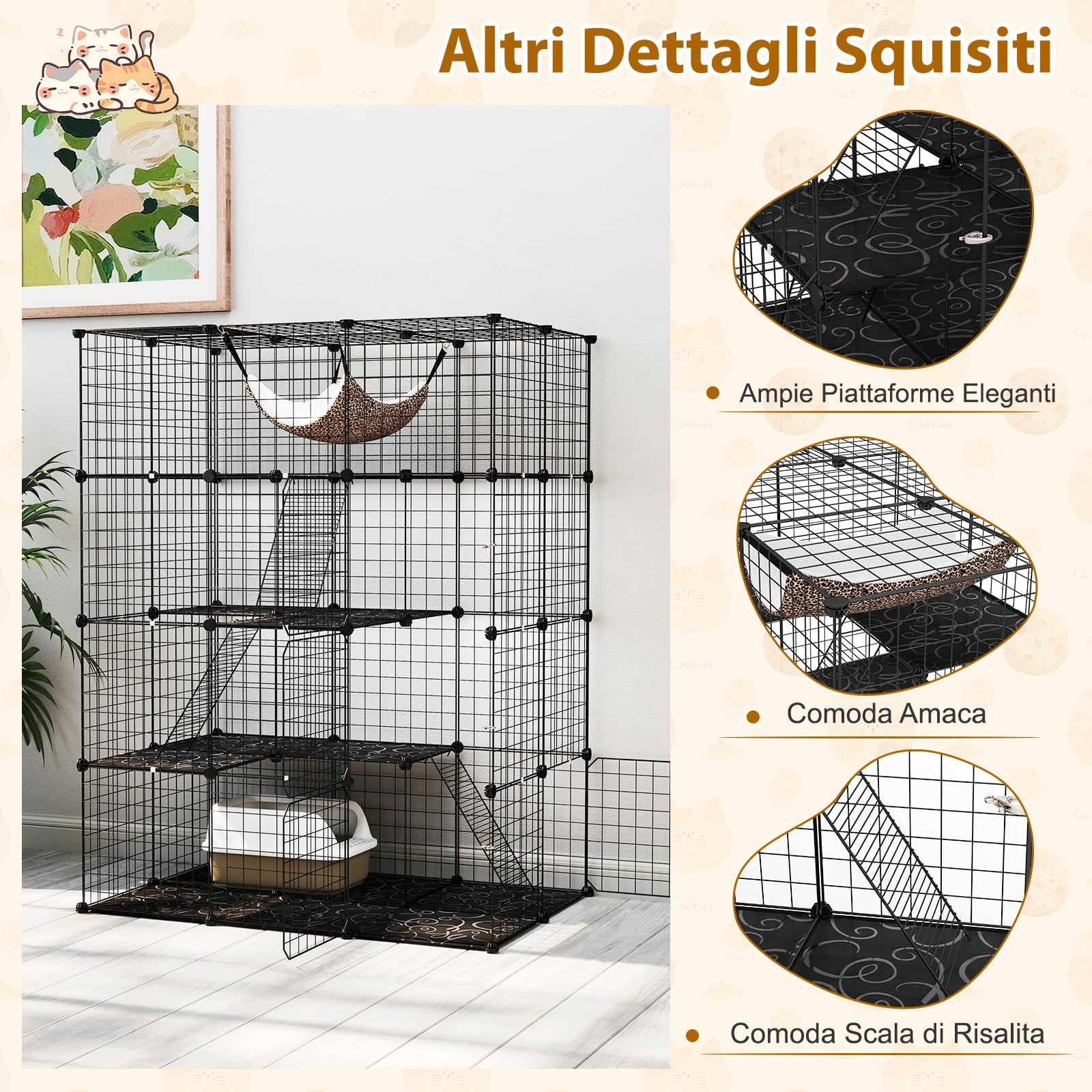 GYMAX Casa Gabbia per Gatti a più Livelli, in Metallo, Recinto per Gatti con Amaca Rimovibile, Porta, Scale, Parco in Metallo per Animali Domestici per Conigli e Cuccioli (109,5 x 74 x 142 cm)