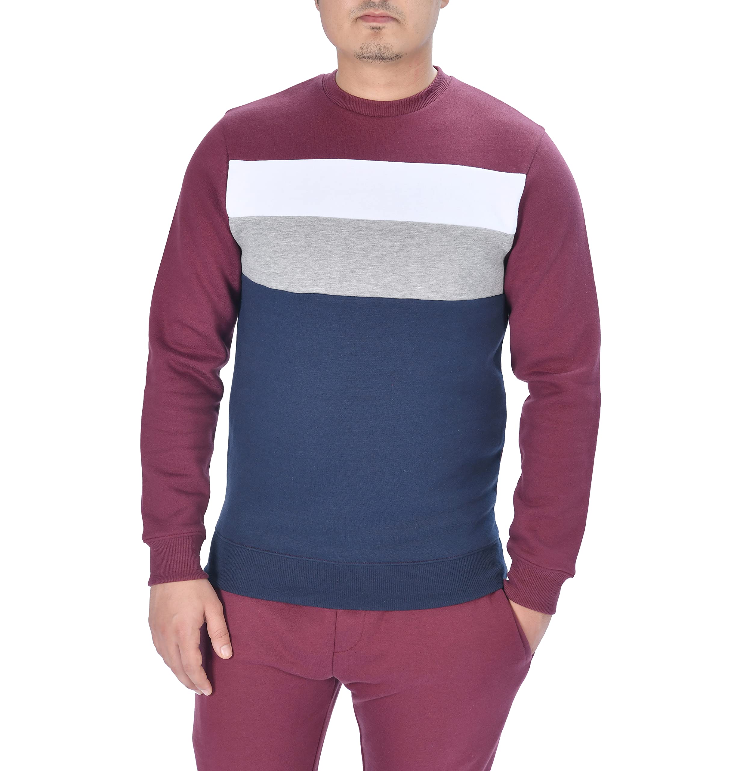 M17 Mens Classic Crew Neck Colour Block Stripe Sweater Sweatshirt Casual Pullover Long Sleeve Jumper Top (M, Burgundy)