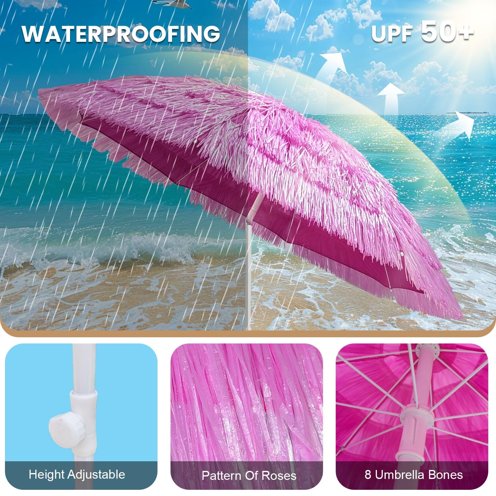 Parasol pour Balcon 200cm -UPF 50+ Parasol Plage Anti Vent avec Fonction D'inclinaison Parasol Exotique Paille pour Le Plaisir en Plein Air, Réglable en Hauteur