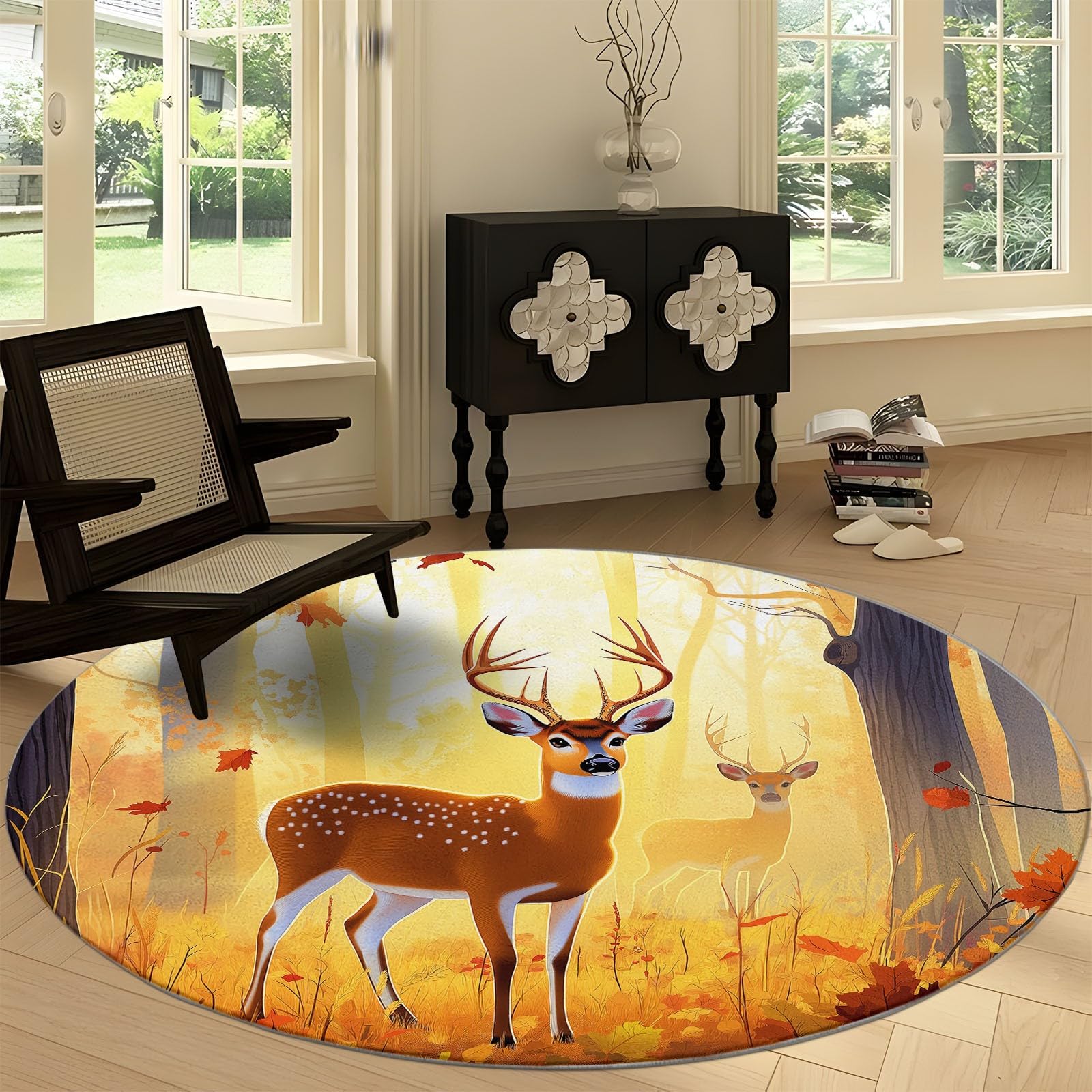 Alfombra redonda de 120 cm para sala de estar, paisaje natural, bosque, ciervos, alfombra suave y esponjosa para dormitorio, alfombra circular amarilla, alfombra antideslizante lavable para el suelo