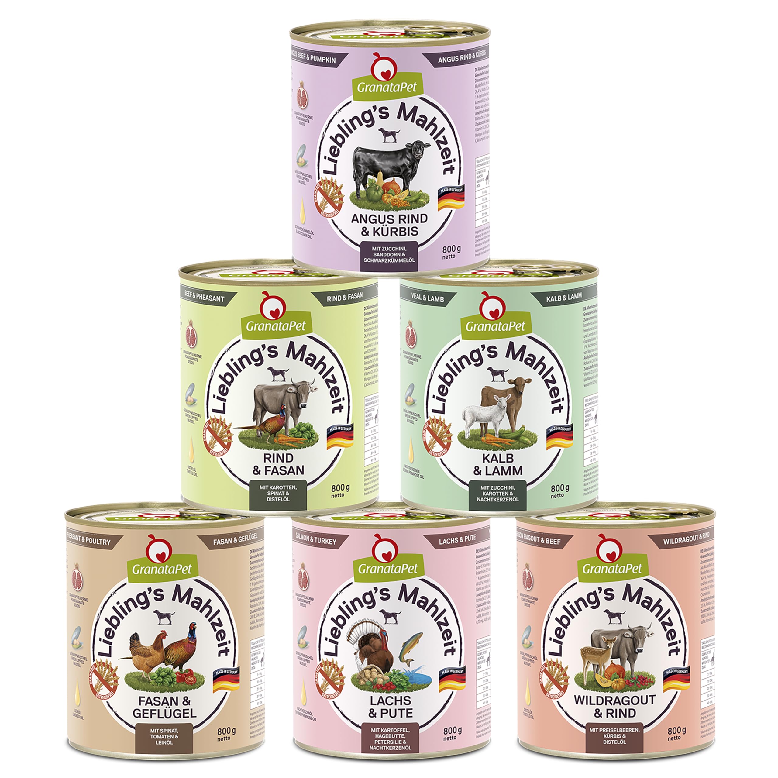 GranataPet Liebling's Mahlzeit Multipack 2, Nassfutter für Hunde im Probierpaket, Alleinfuttermittel ohne Getreide, Hundefutter mit hohem Fleischanteil & hochwertigen Ölen, 6 x 800 g