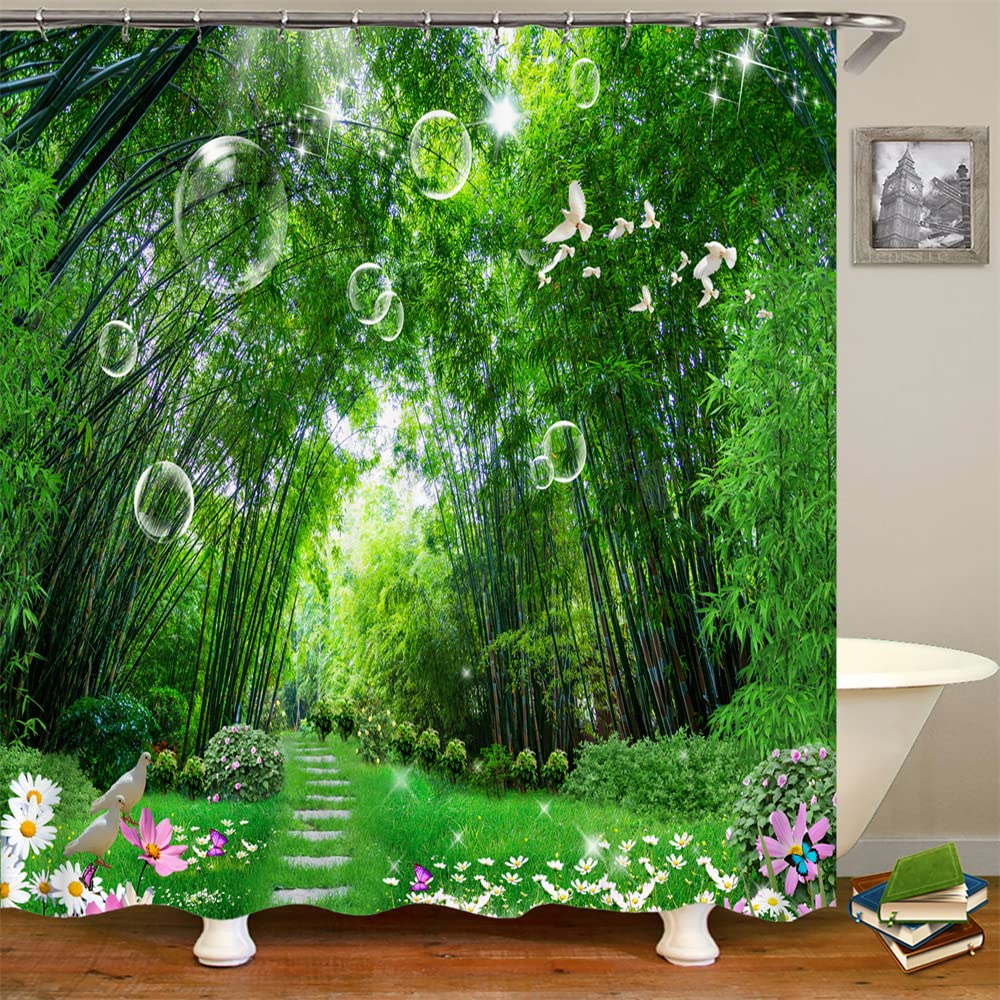 JIANGLANY Green Bamboo Forest Shower Curtain Waterproof Curtains with Hooks Spring Daisy Flying White Pigeon Bubble Butterfly Nature Landscape Bathroom Decor Accessories 180x180cm (8)