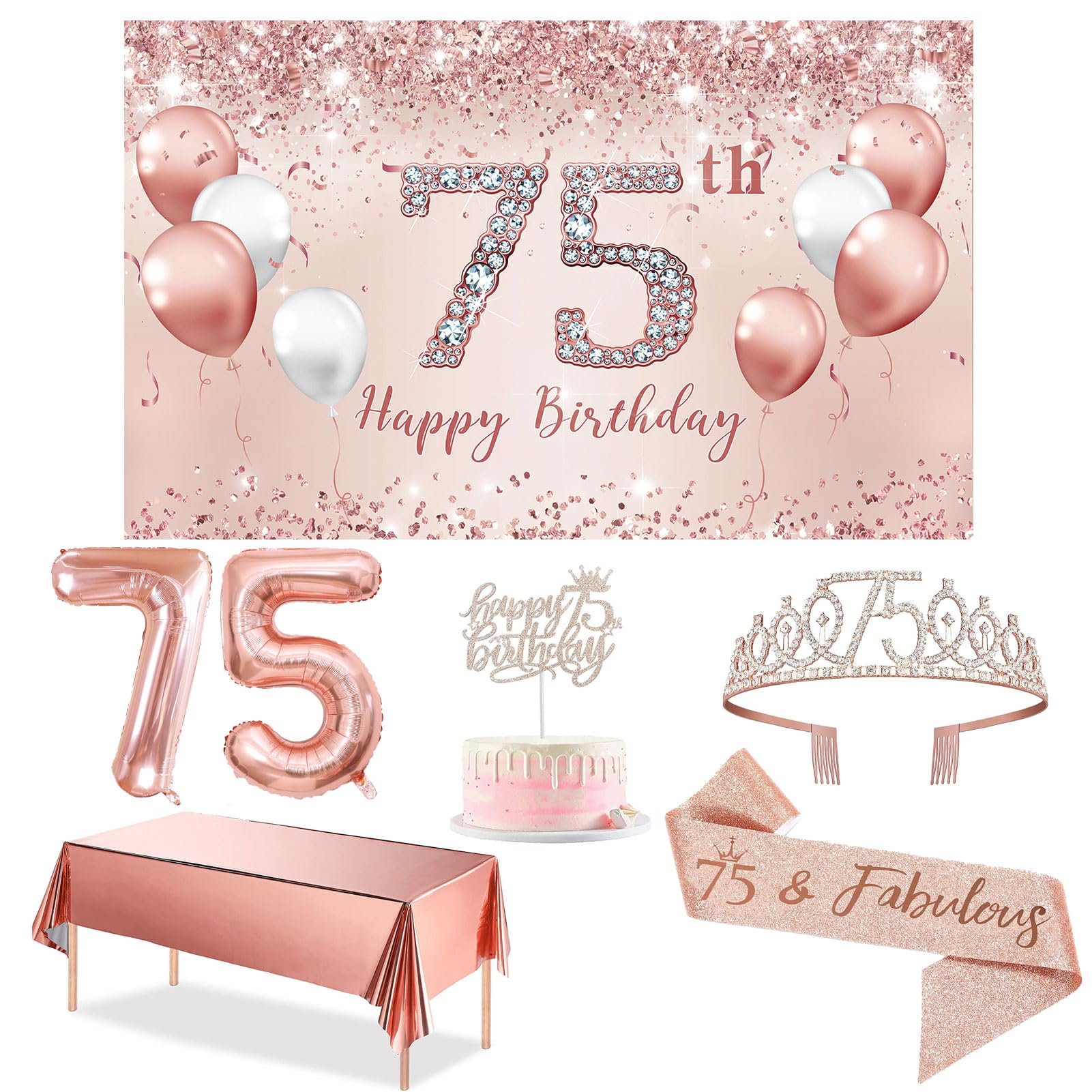 Trgowaul 75th Birthday Decorations Party Set for Women, Rose Gold 75 Birthday Banner and Tablecloth, 75 & Fabulous Sash and Tiara, 1PC Happy 75th Birthday Cake Topper, Pink Gold 75 Number Balloons