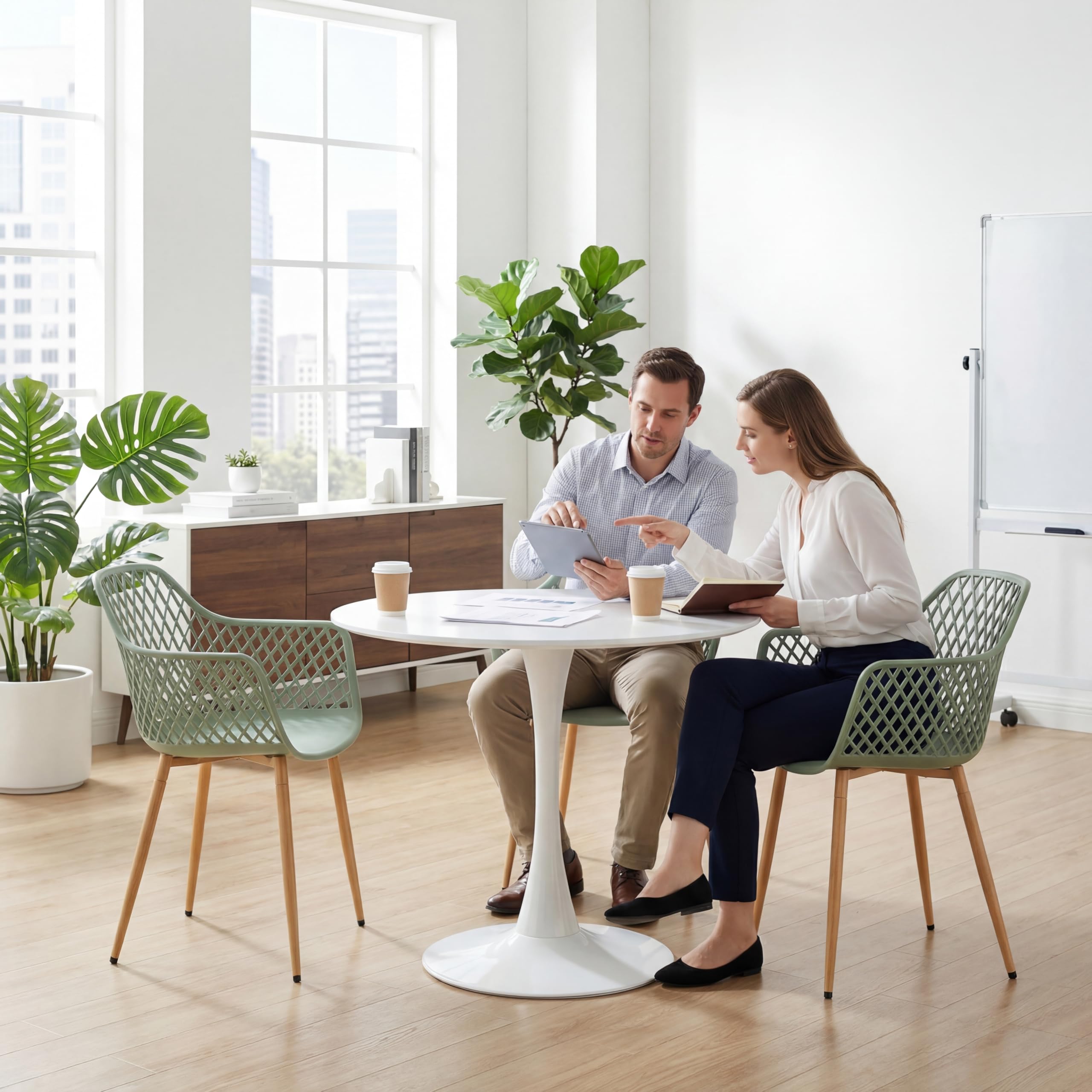 buybyroom Konferenzstühle 12er Set, Bürostuhl ohne Rollen, PP-Sitz, Metallbeine, mit Armlehnen, Höhenverstellbare Bodengleiter, Belastbarkeit 120 KG, Graugrün
