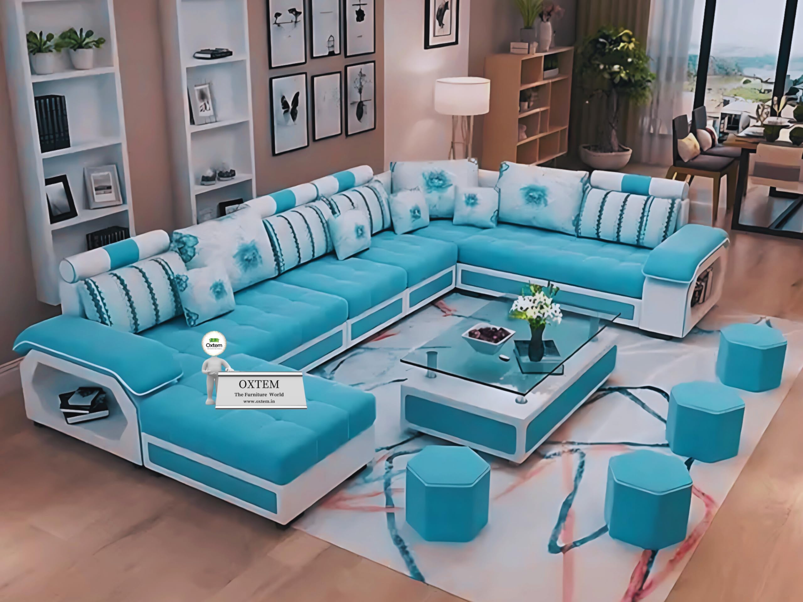 OXTEM ; The Furniture World U-Shape Sectional Sofa for Living Room, 10-Seater | Fabric Sofa Set, Seating Capacity 14 Persons with Tea Table & 4 Puffy | Pre-Assembled
