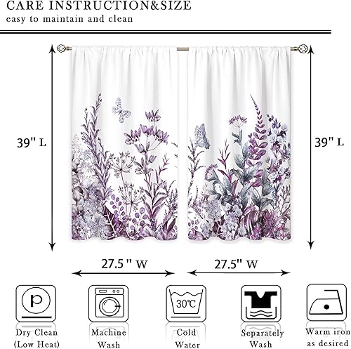Miniatura 2 de oolygoo Cortinas de cocina pequeñas de flores silvestres moradas, hojas botánicas, tratamiento de mariposas florales, cortinas cortas para ventana