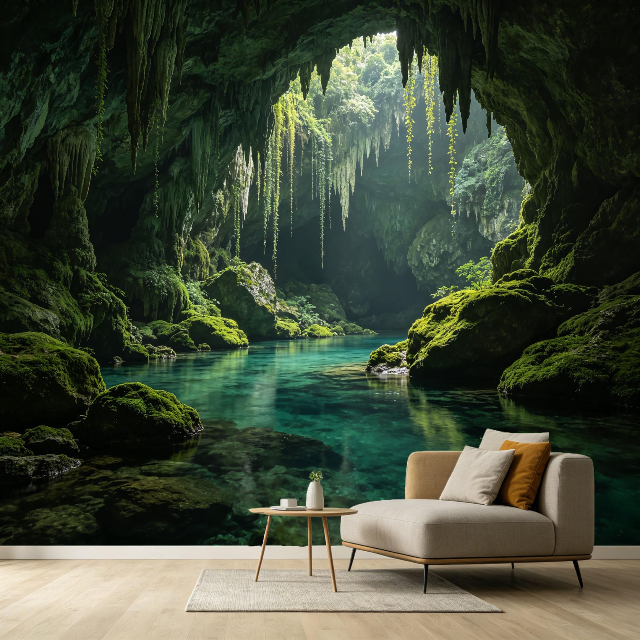 Custom Size Wall Murals Subterranean Cave Landscape 3D Trompe L'Oeil Mossy Stones Hanging Vines Water SelfAdhesive Wall Fabric Removable Large Wallpaper Photo for Living Room