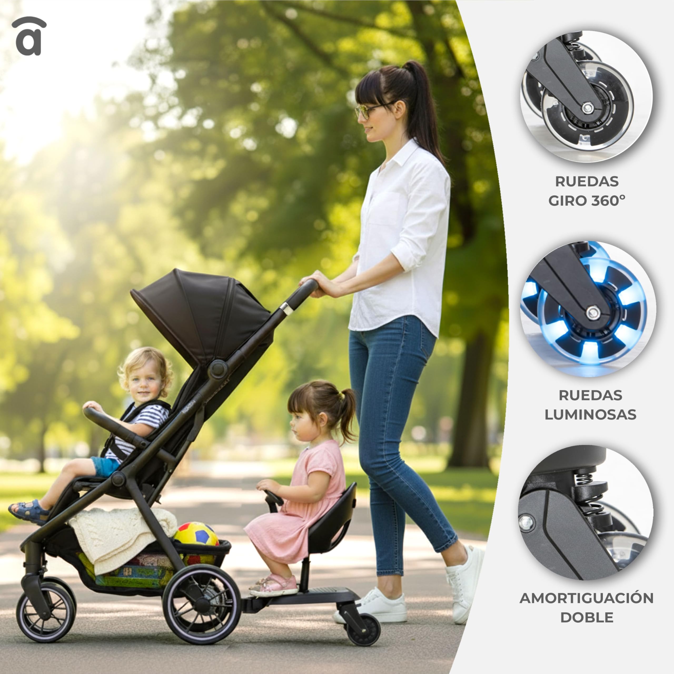 Asalvo GO SEAT 2 IN 1 Monopattino 2 in 1 per passeggino Go Seat, universale, pattinaggio per passeggino, adatto per il 99% di tutti i passeggini, tagliere per passeggini, bambini da 2 a 5 anni, 20 kg