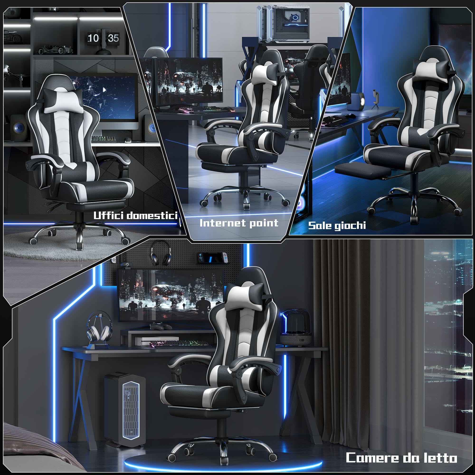 Sedia Gaming Ergonomica Massaggiante Reclinabile 90-135° con Poggiapiedi Poggiatesta e Supporto Lombare Braccioli Imbottiti in Finta Pelle, Poltrona Gamer con Ruote Portata 150 kg Bianco
