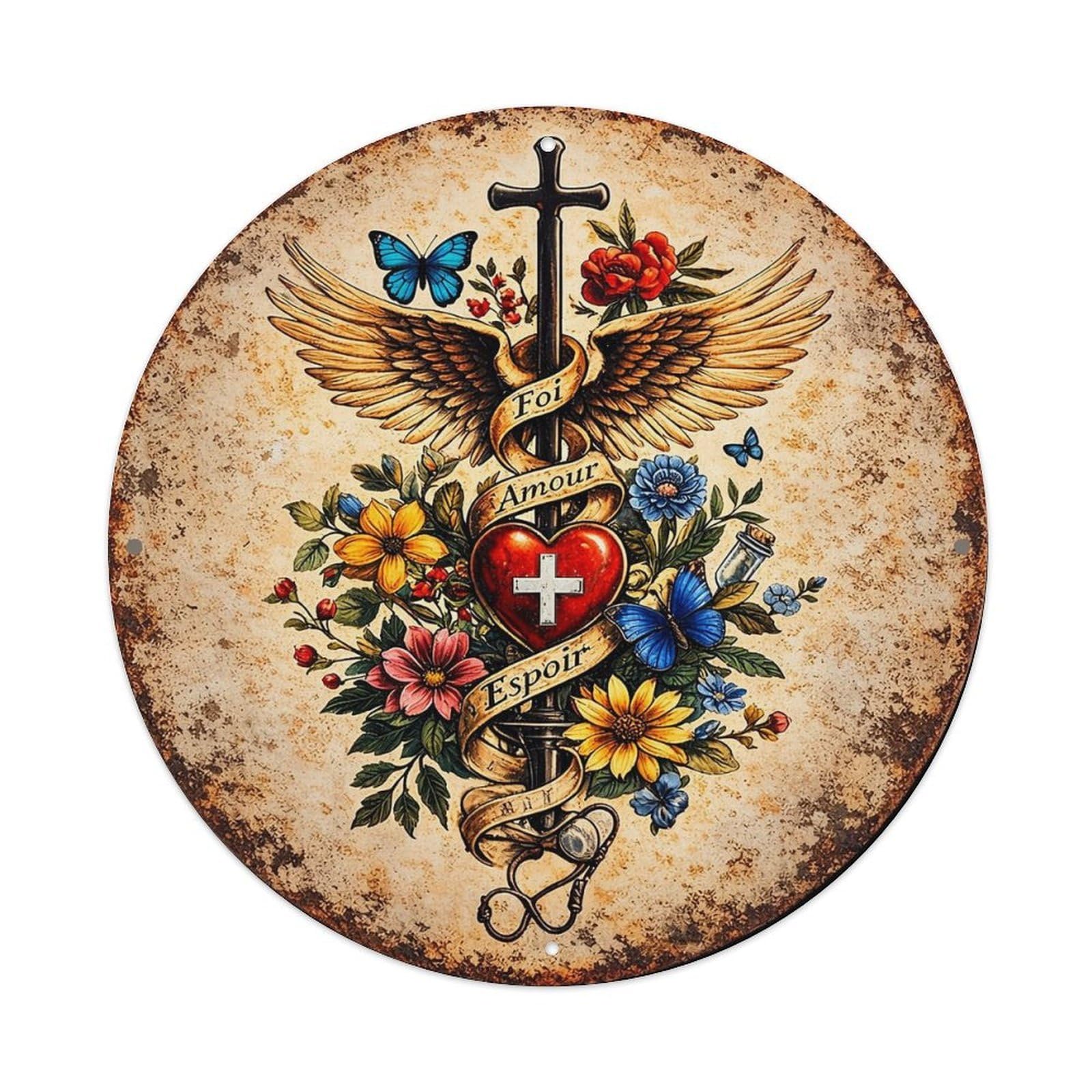 Cross Wings Heart Flowers Butterflies Vintage Round Tin Sign Retro Metal Wall Decor Metal Poster, Home Bar Garage Cafe Wall Art Decoration 8x8Inches