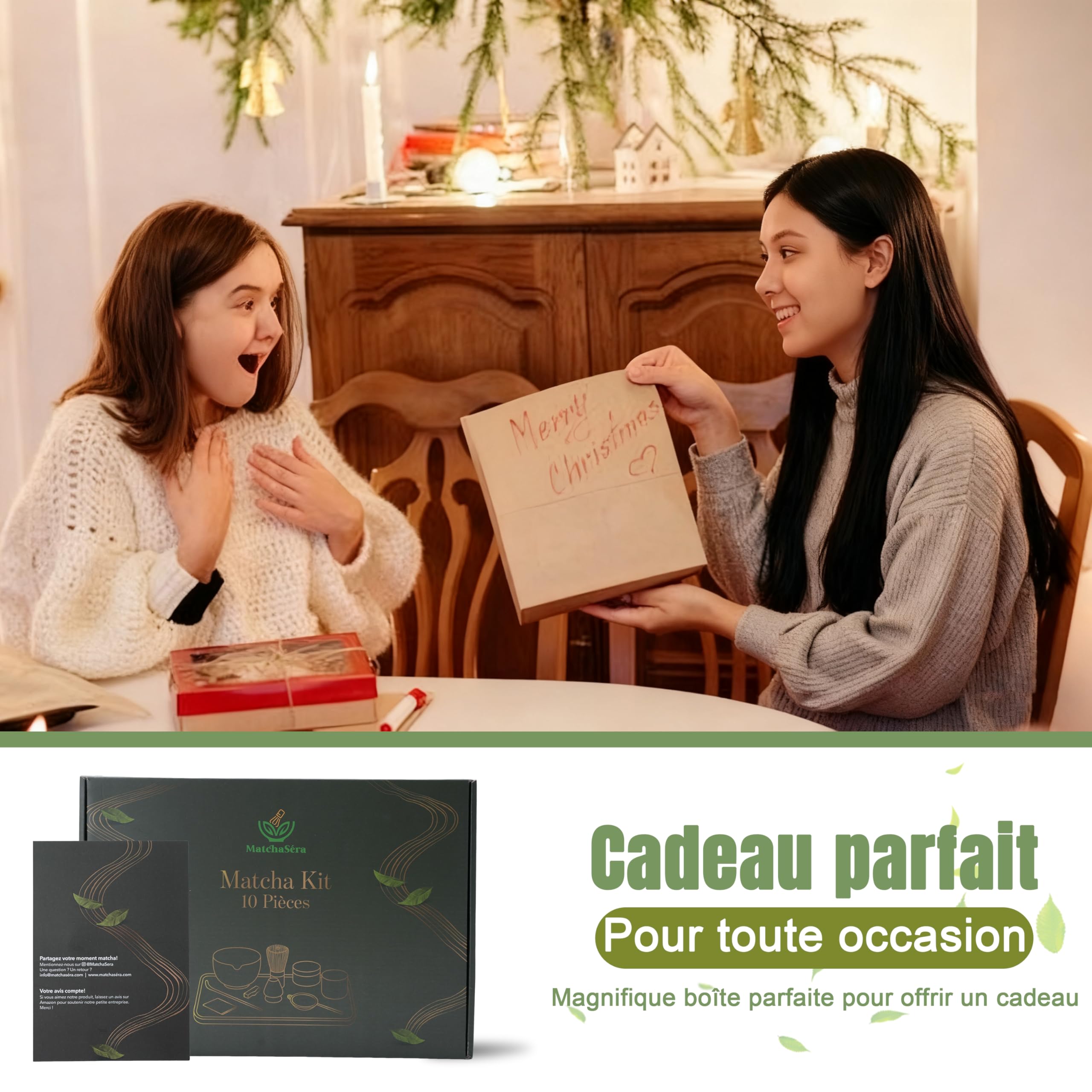 Kit Matcha, Ensemble complet de 10 pièces avec plateau, bol de Matcha japonais, fouet en bambou, support pour fouet, tamis, serviette à thé, récipient à thé, tasse de thé