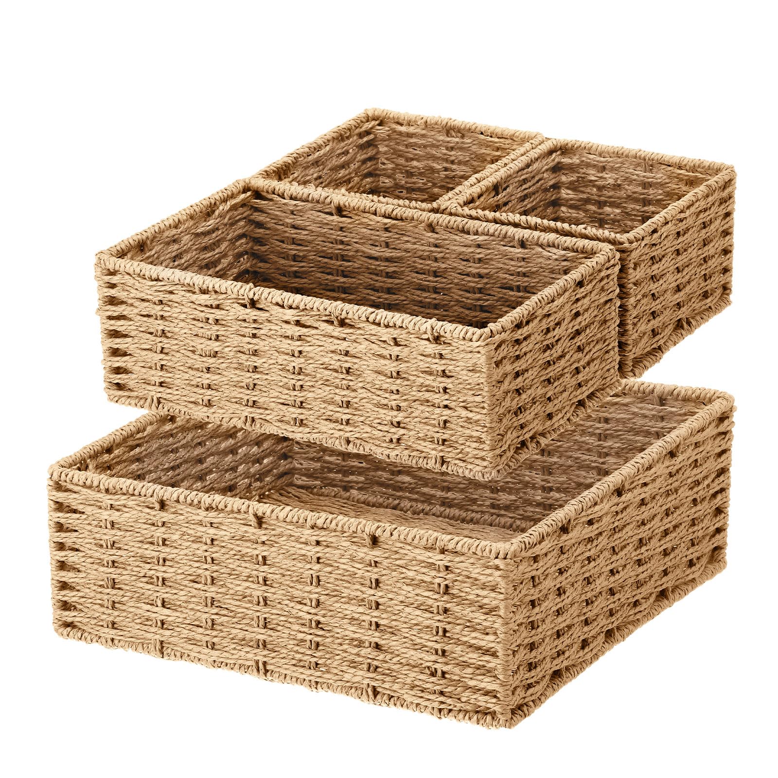 Juego de 4 cestas de almacenamiento naturales, juego de 4 cestas decorativas rústicas tejidas de cuerda de papel para organizador de baño en 3 tamaños para estante de inodoro, encimera