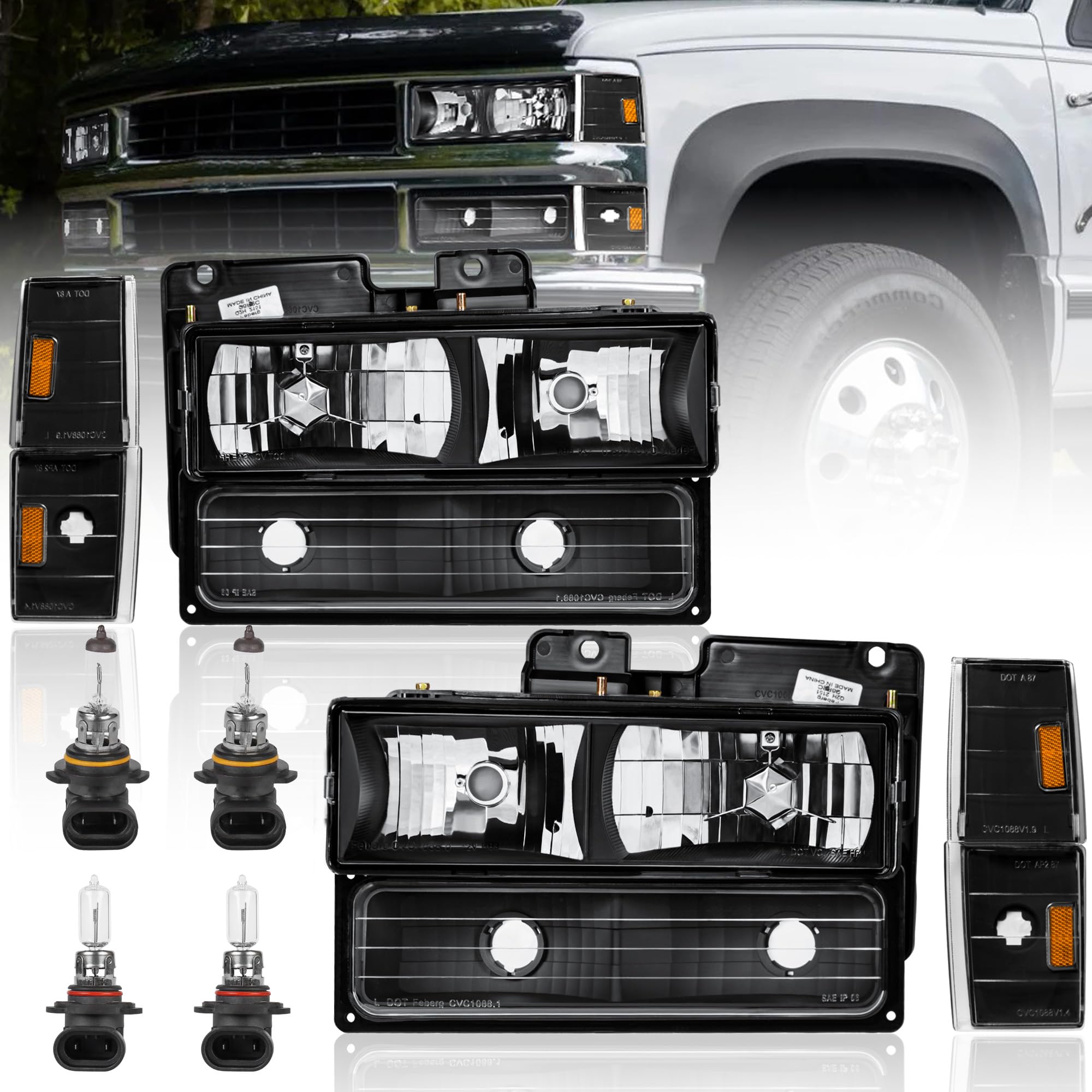 KUIPERAUTO Headlight Assembly Compatible with 1994-1998 Chevy Silverado/Tahoe/Suburban/C10 Driver and Passenger Side w/High/Low Bulb 9005+9006 (included) Black/Clear/Amber