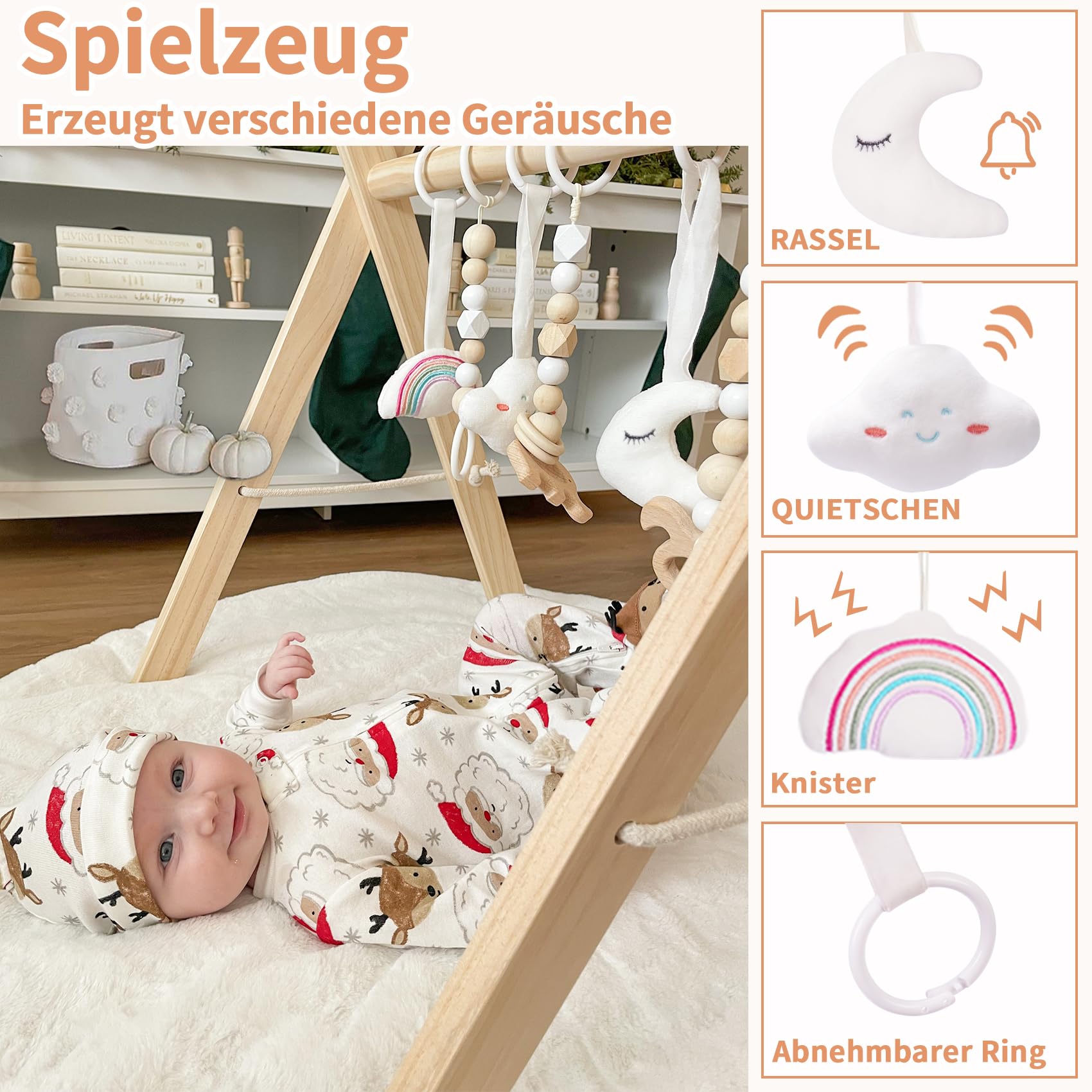 Mallify Spielbogen Baby Holz, Klappbar Spieltrapez mit 6 abnehmbaren Spielzeugen, Baby Gym Holz für Neugeborene