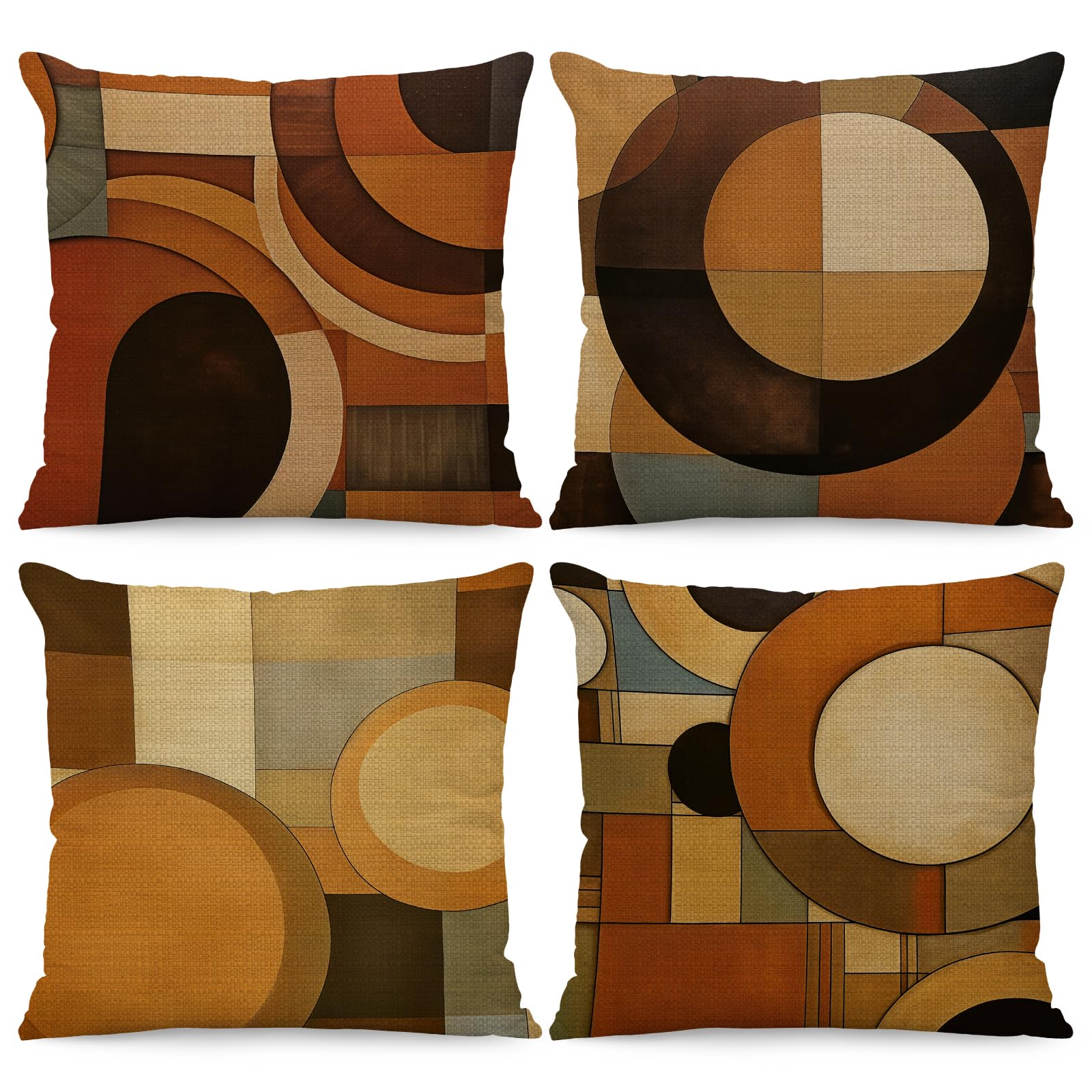 BREASOME Abstract Geometric Cushion Covers 45 x 45 cm Set of 4 Brown Cushion Covers Linen Decorative Square Throw Pillow Cases Vintage Style for Sofa Couch Bedroom Living Room — image 1