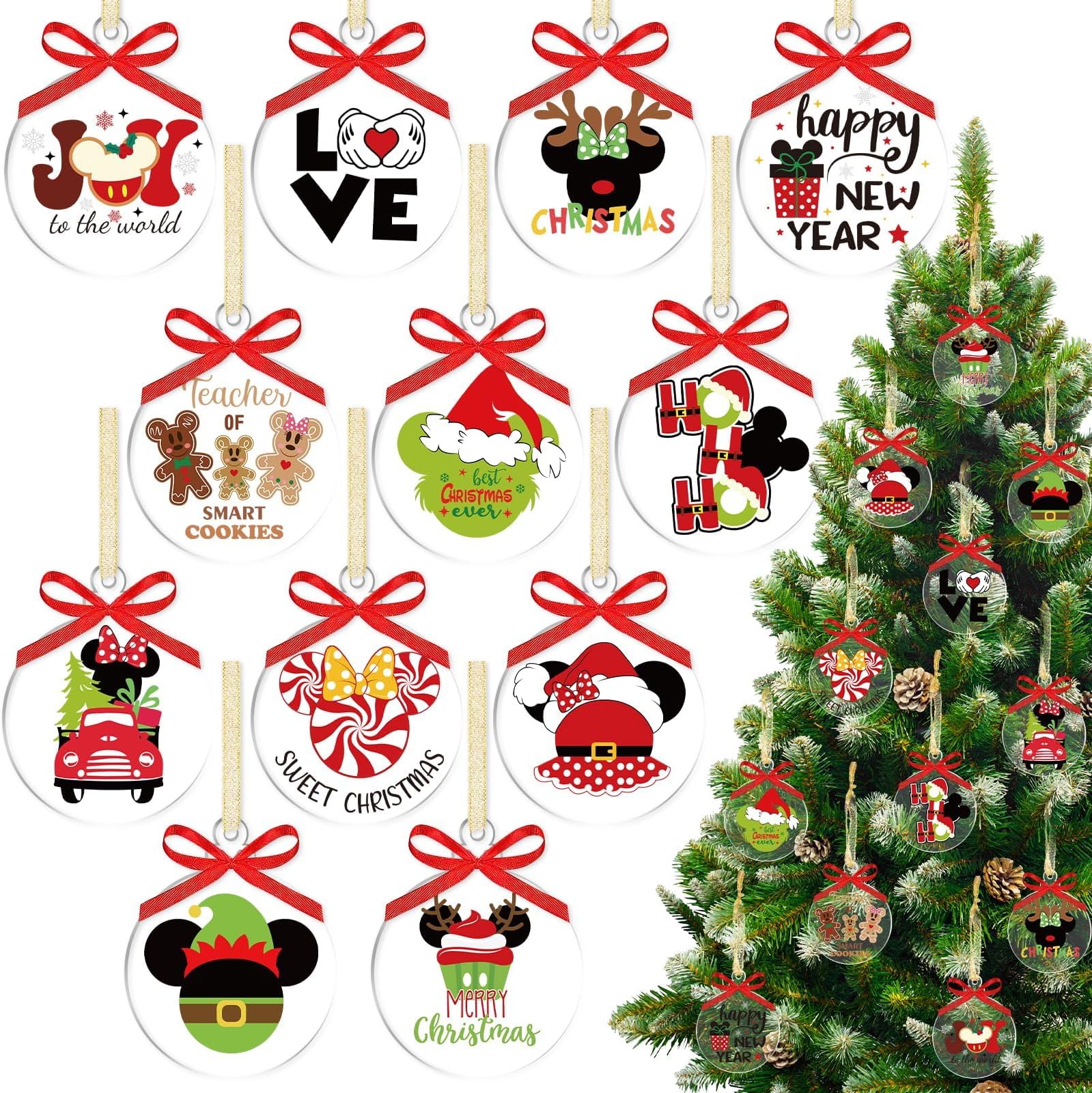 Clear Acrylic Ornaments - 12pcs Round Christmas Tree Decorations with Mouse Design Craft Ornaments for Party Hanging