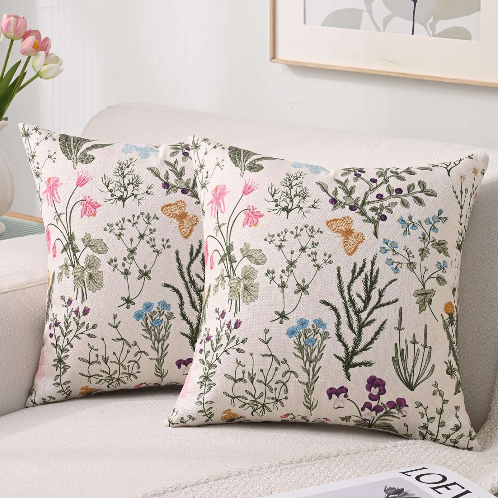 HomeStilez Cushion Cover 45x45cm Waterproof Outdoor Flowers Decorative Cushion Covers Square Flower Green Leaves Sage for Sofa Garden Bench Spring Summer Set of 2