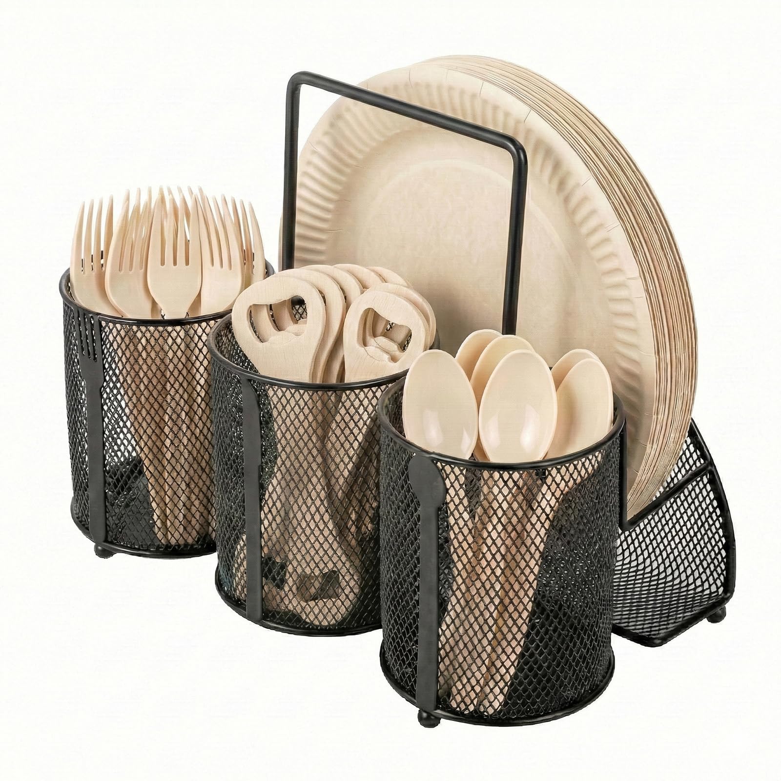 EVERGOODS Utensil Caddy with 4 Compartments, Metal Cutlery Holder for Fork Spoon Napkin & Paper Plates, Portable Flatware Organizer for Kitchen Countertop, Buffet, Party, Picnic, Black