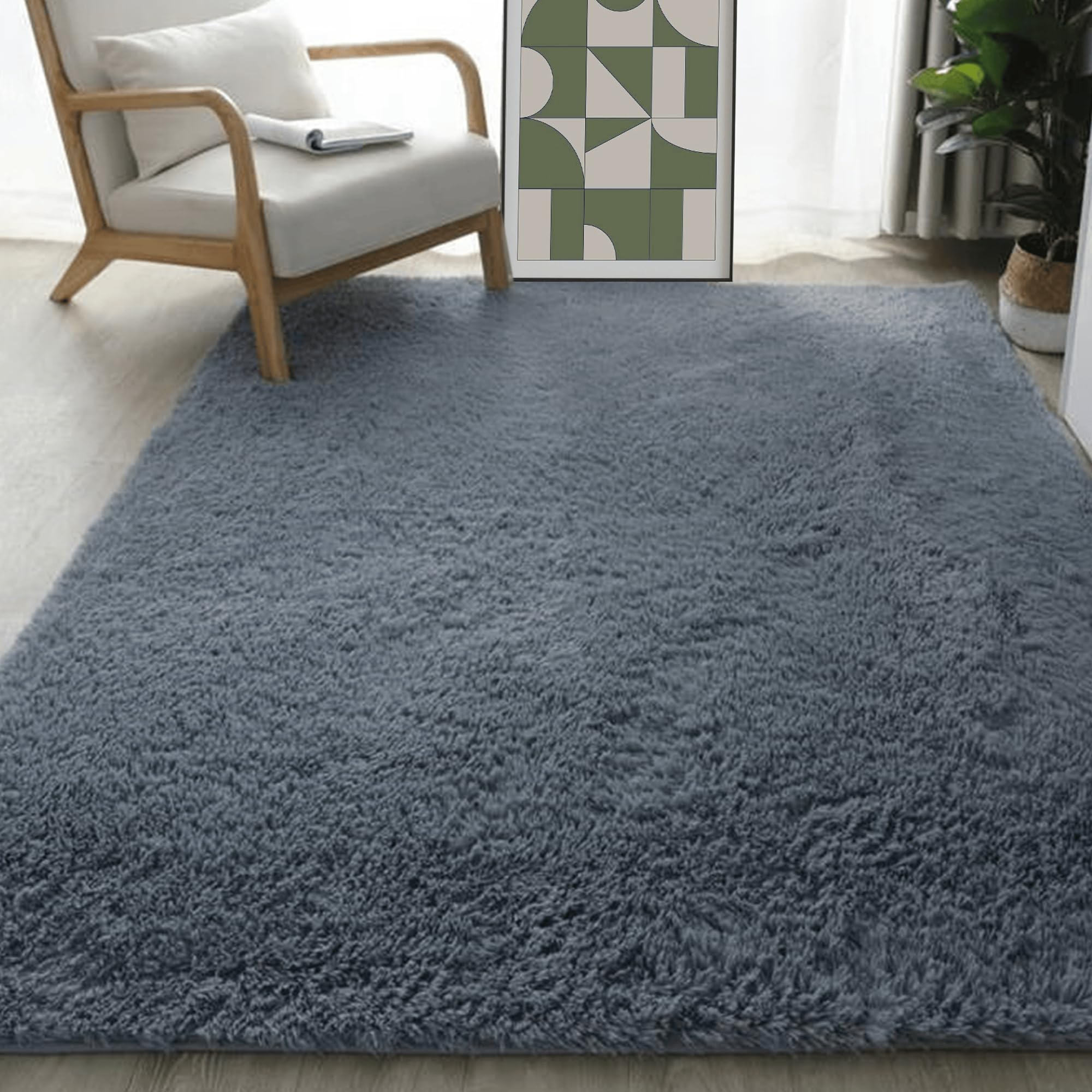Tapis salon shaggy poil long lavable et grand tapis de lit gris foncé
