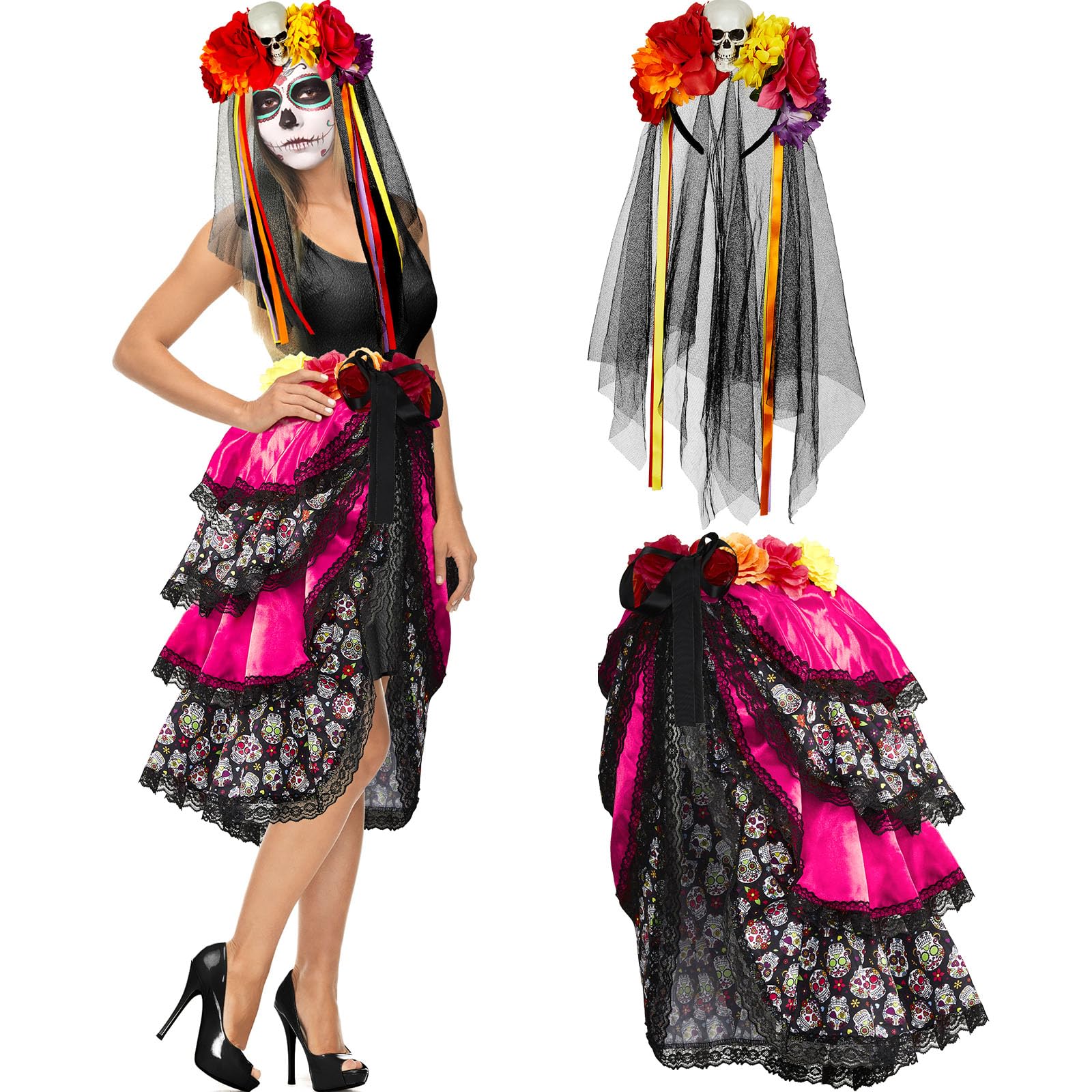 2 Pcs Halloween Day of the Dead Bustle and Day of the Dead Headband for Women Set Halloween Costumes for Women Girls (Rose Red,Medium)