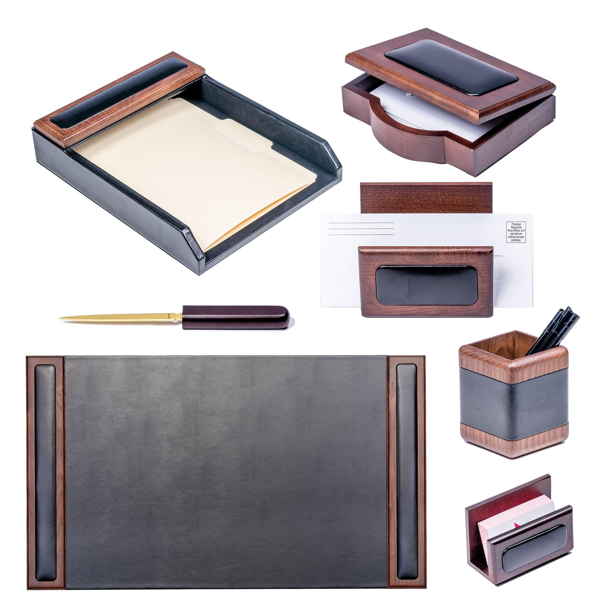 Dacasso Set da scrivania, Noce e Nero in Pelle, Pezzi, legno, walnut and black leather