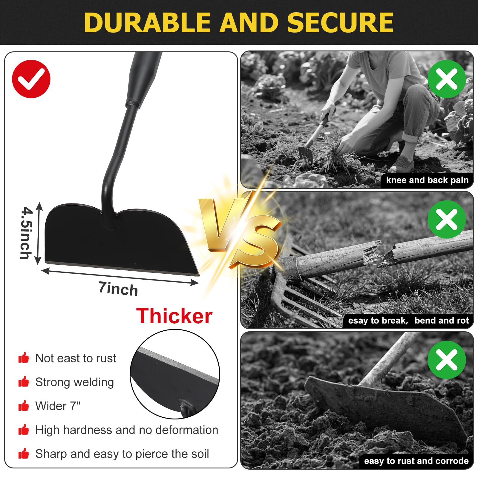 Draw Hoe - Herramienta de jardín, azadas de jardín resistentes para desmalezar, mango largo, fácil de levantar, raspar, desmalezar para jardín, azada ajustable de 63 pulgadas con hoja soldada de 7