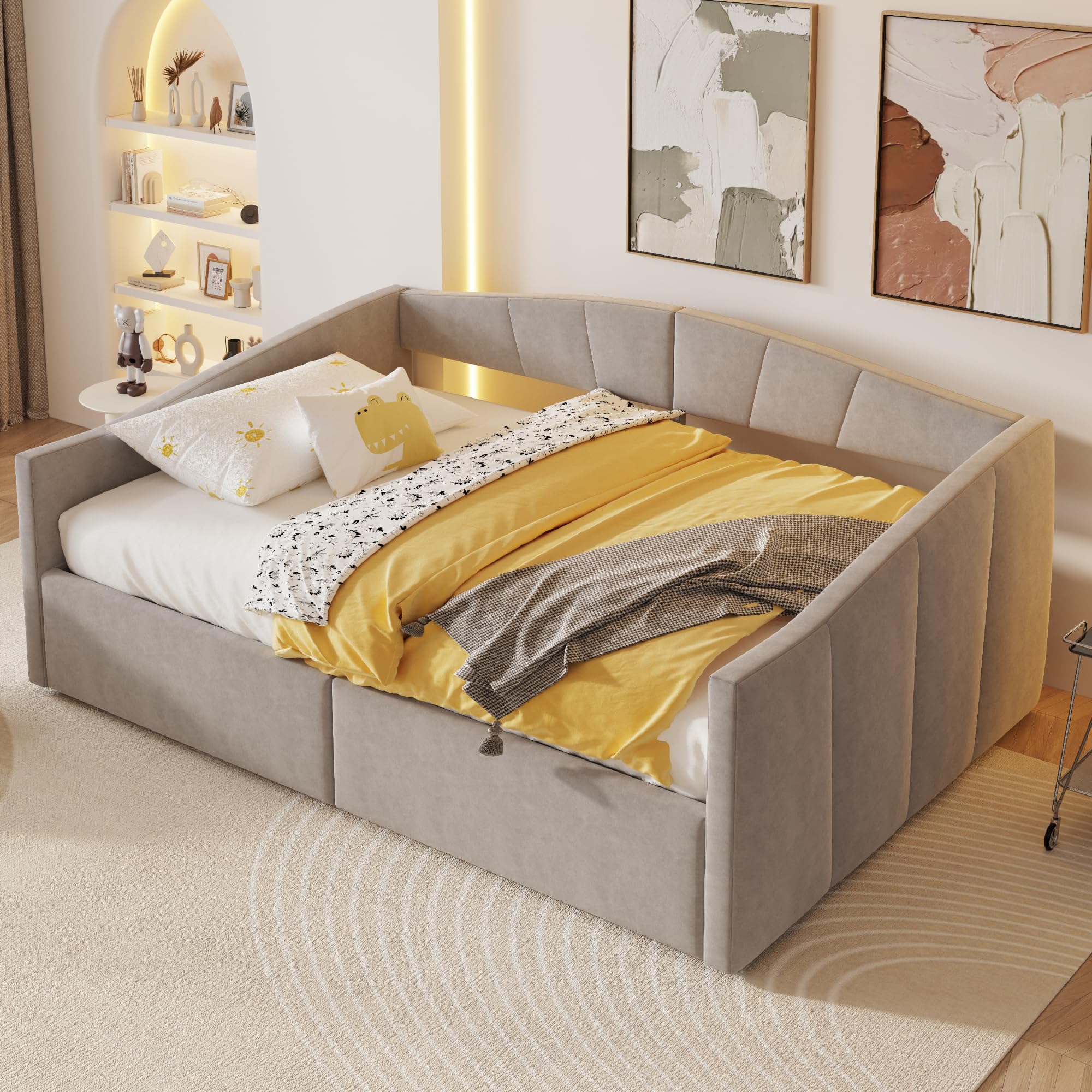 Tagesbett Schlafsofa 140x200 cm, Polsterbett mit Hydraulischer Lagerung, Sofabett mit Lattenrost und Armlehnen, Klassisch Gestreift, Samtstoff, Ohne Matratze, Hellgrau