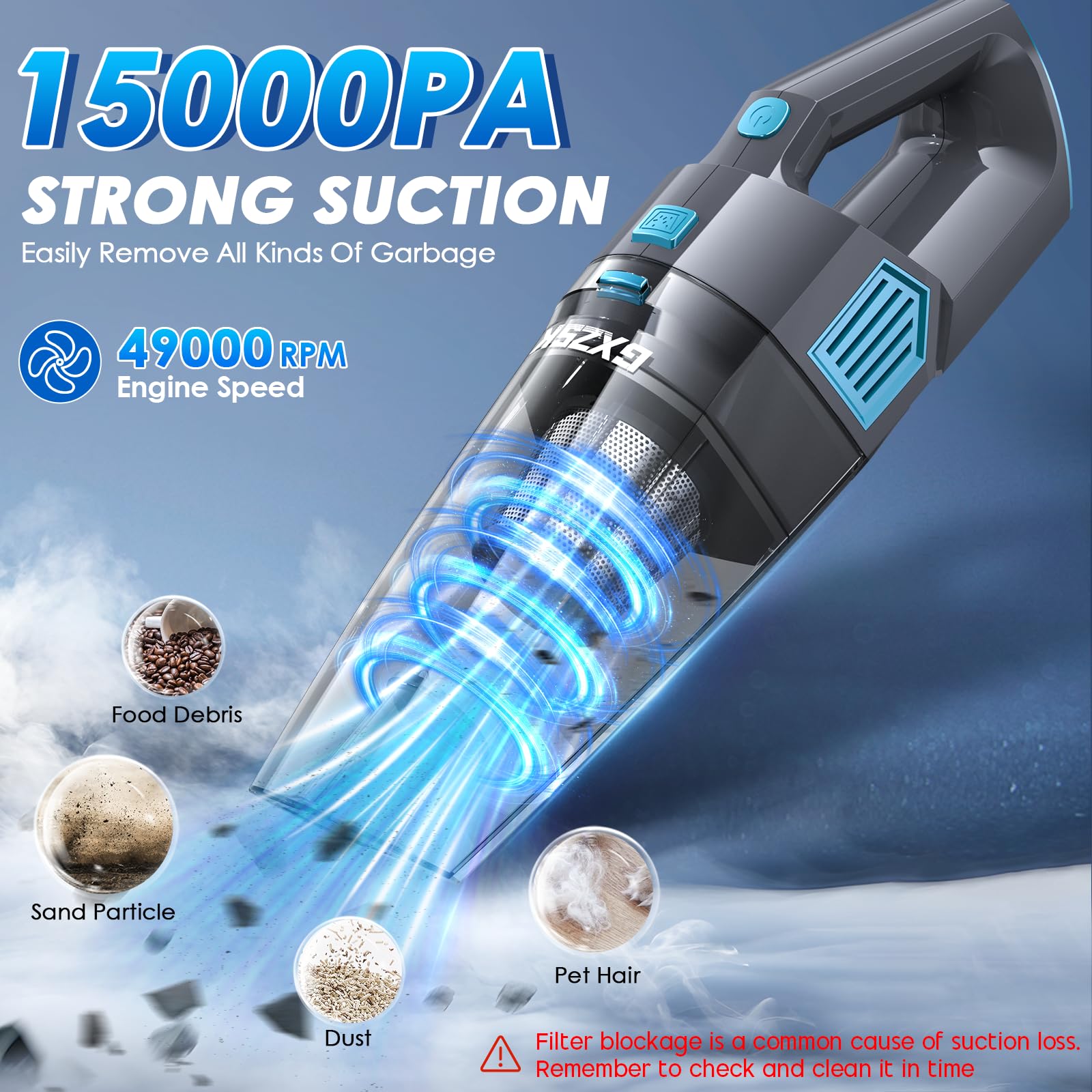 Gxzsk Aspiradora de mano inalámbrica, 15000 PA, aspiradora de mano de succión fuerte para coche, recargable, aspiradora de mano portátil con múltiples boquillas y filtro lavable para oficina en casa