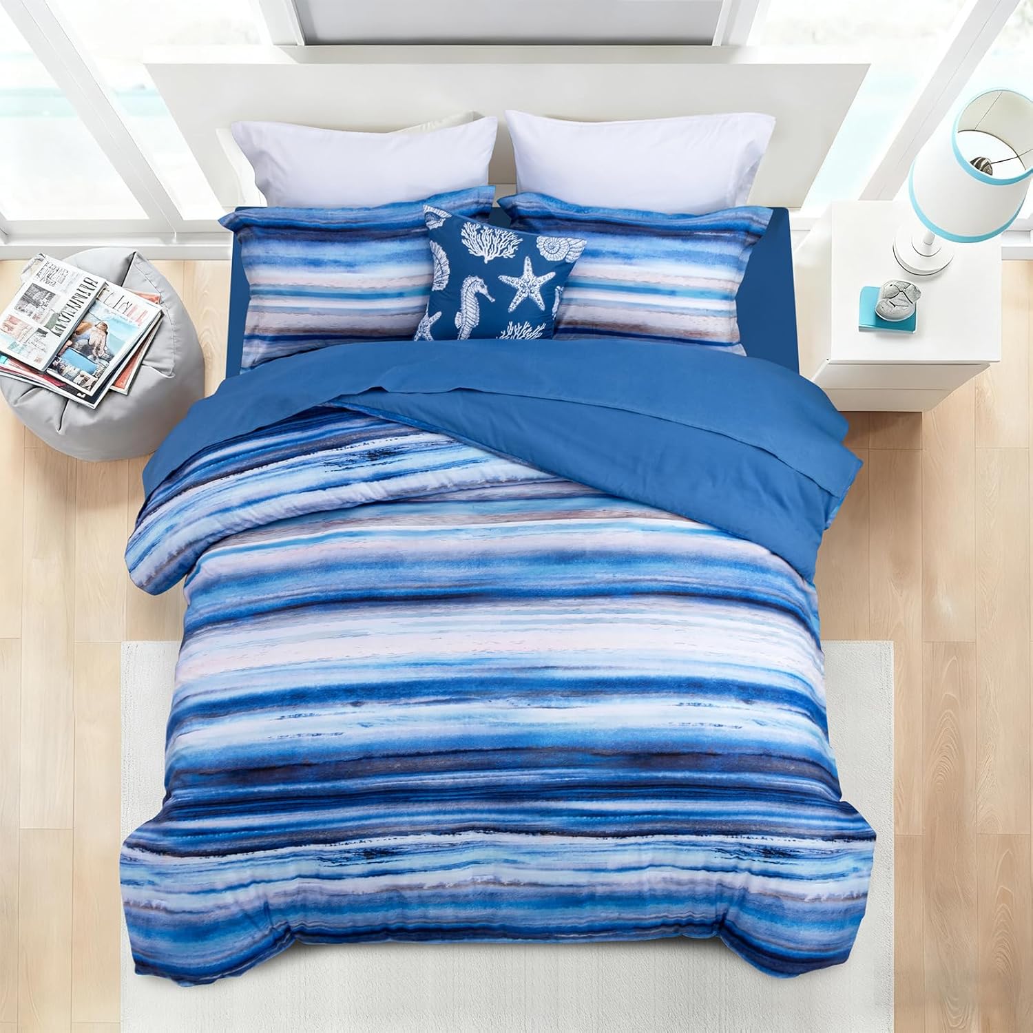 Holawakaka All-Season 6-Piece Nautical Bedding Set King – Complete Beach Stripe Comforter Set with Sheets & Shams