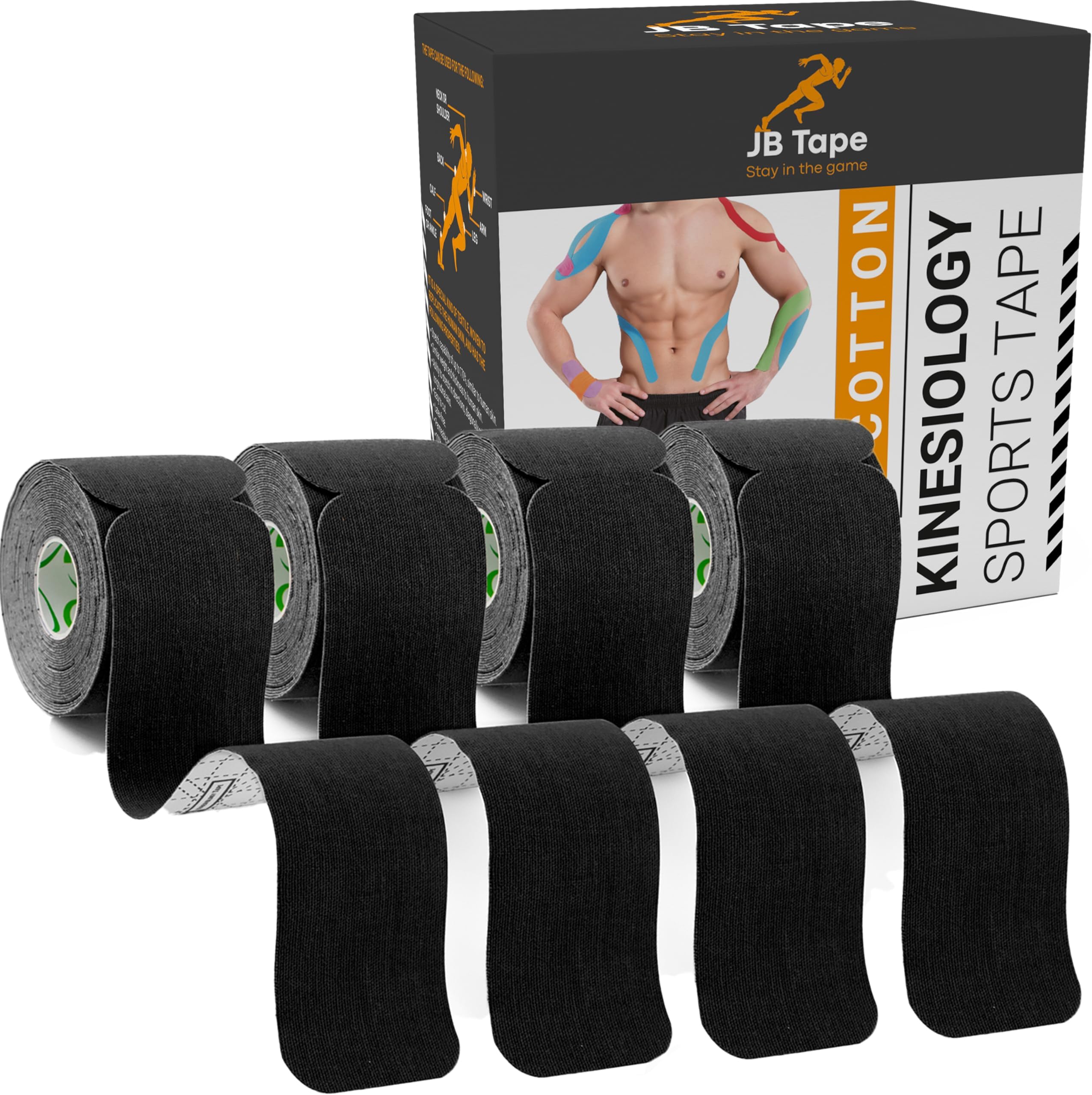 - JB Tape Kinesiology Tape – 80 Precut 10-Inch Strips – Black – Elastic, Latex-Free, Water Resistant – Athletic Muscle & Joint Support – 4 Rolls