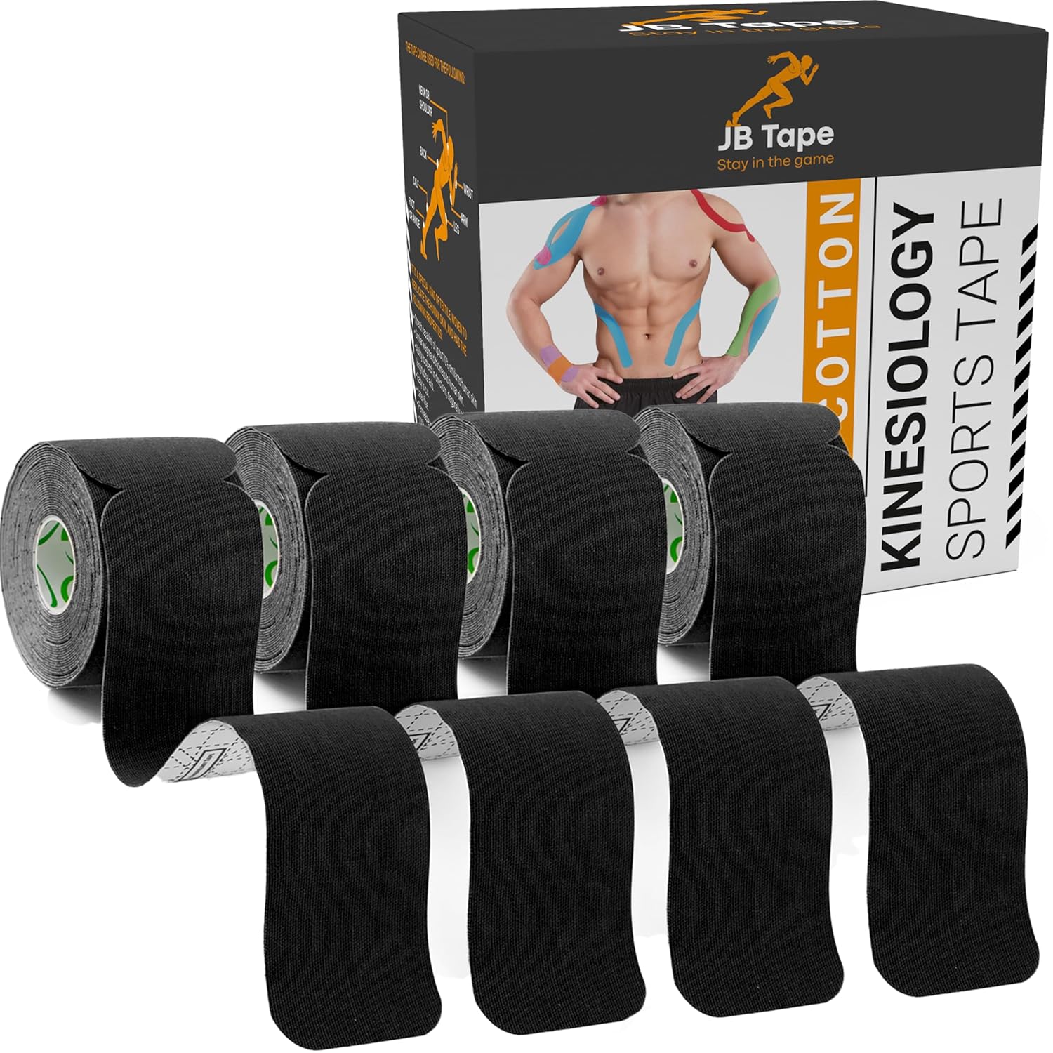 JB Tape Kinesiology Tape 80 Precut 10-Inch Strips Black Elastic Latex-Free Water Resistant Athletic Muscle Joint Support 4