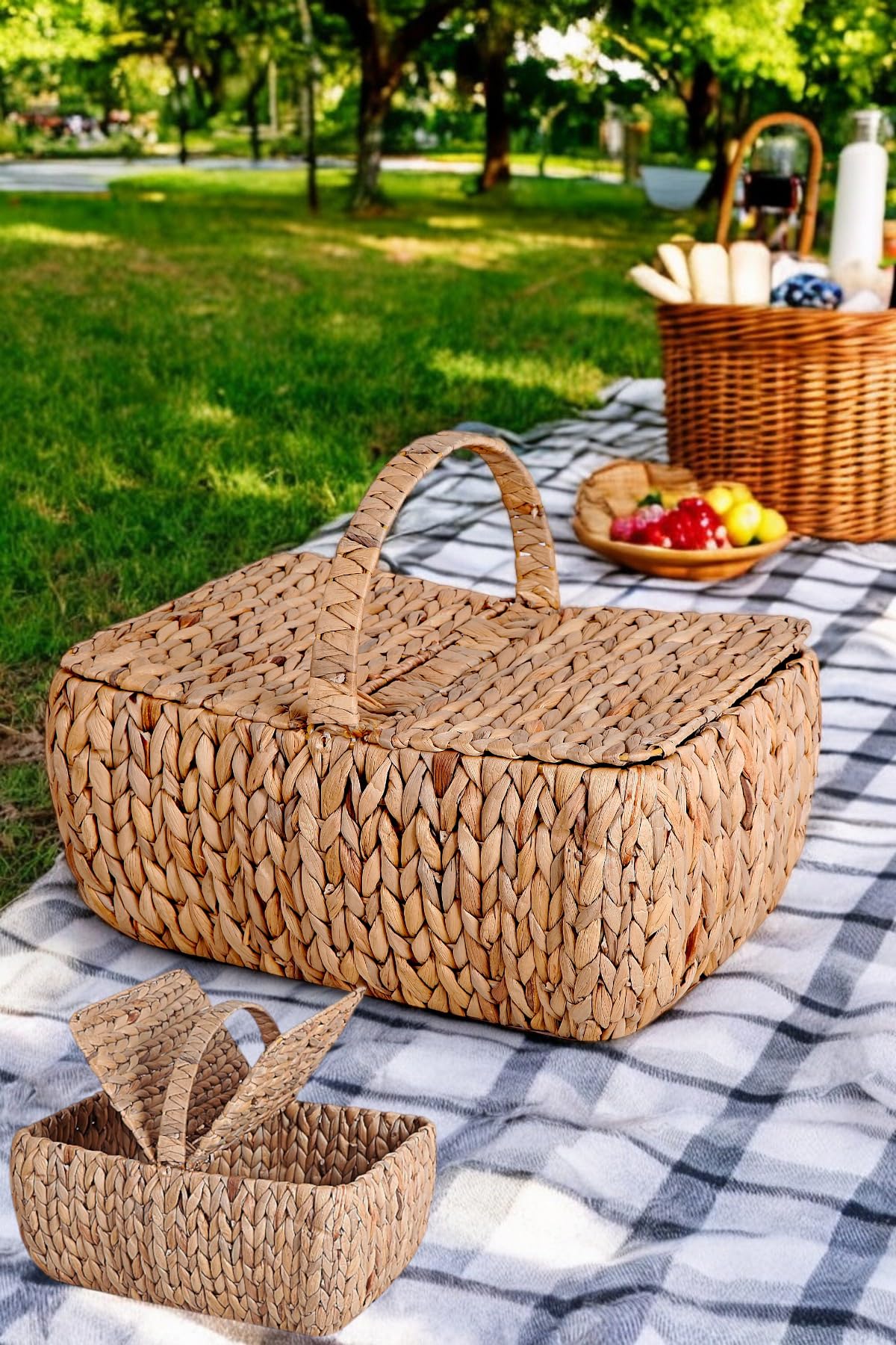 Deconox El Yapımı Su Sümbülü Kapaklı Büyük Boy Hasır Örme Piknik Sepeti Dikdörtgen - 46X30cm - 20-36cm