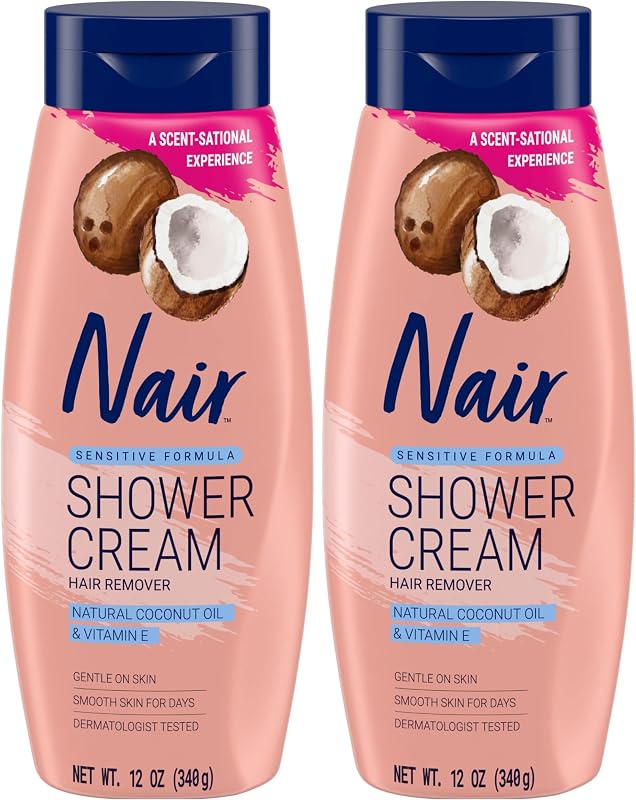 Sensitive Shower Cream Hair Remover with Natural Coconut Oil and Vitamin E, Body Hair Removal Cream, 12 oz (Pack of 2)