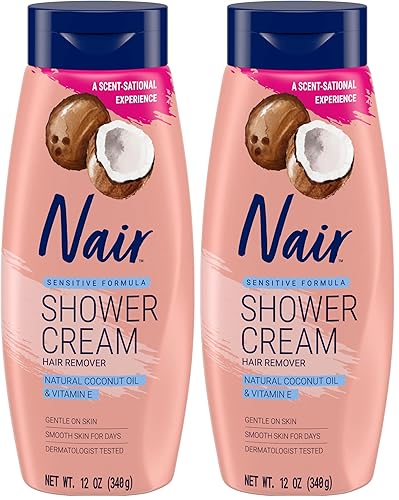 Nair Sensitive Shower Cream Hair Remover with Natural Coconut Oil and Vitamin E, Body Hair Removal Cream, 12 oz (Pack of 2) - 12 Ounce (Pack of 2)