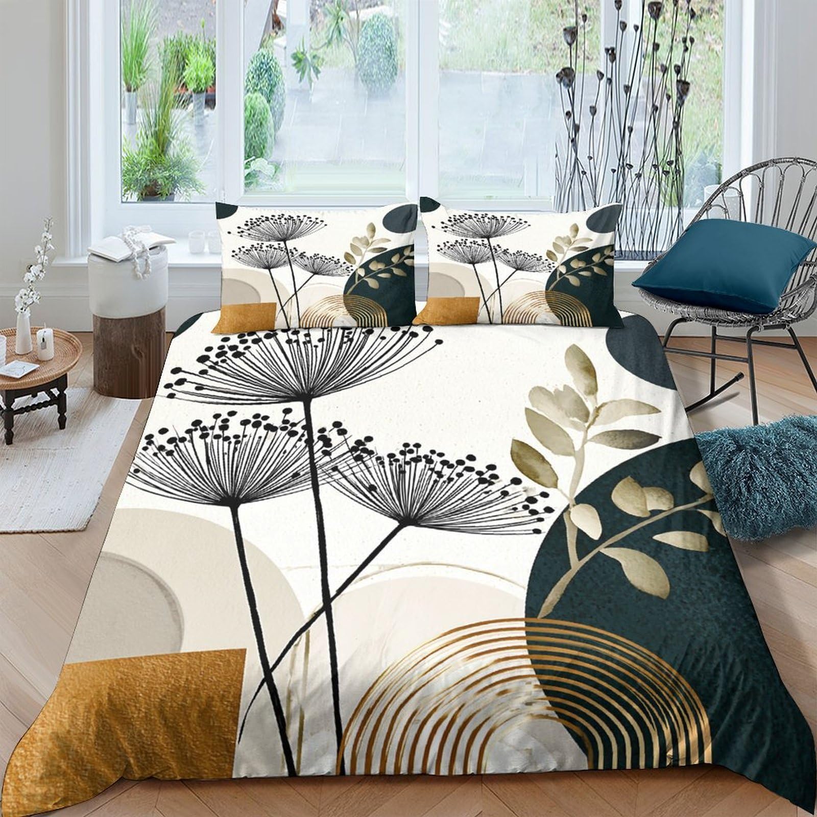 GPLZQXKJNH 3D Printed Botanical Abstract Duvet Cover Microfiber Soft Breathable Golden Geometric Bedding Set with 2 Pillowcases for Bedroom Décor, Single（135x200cm）