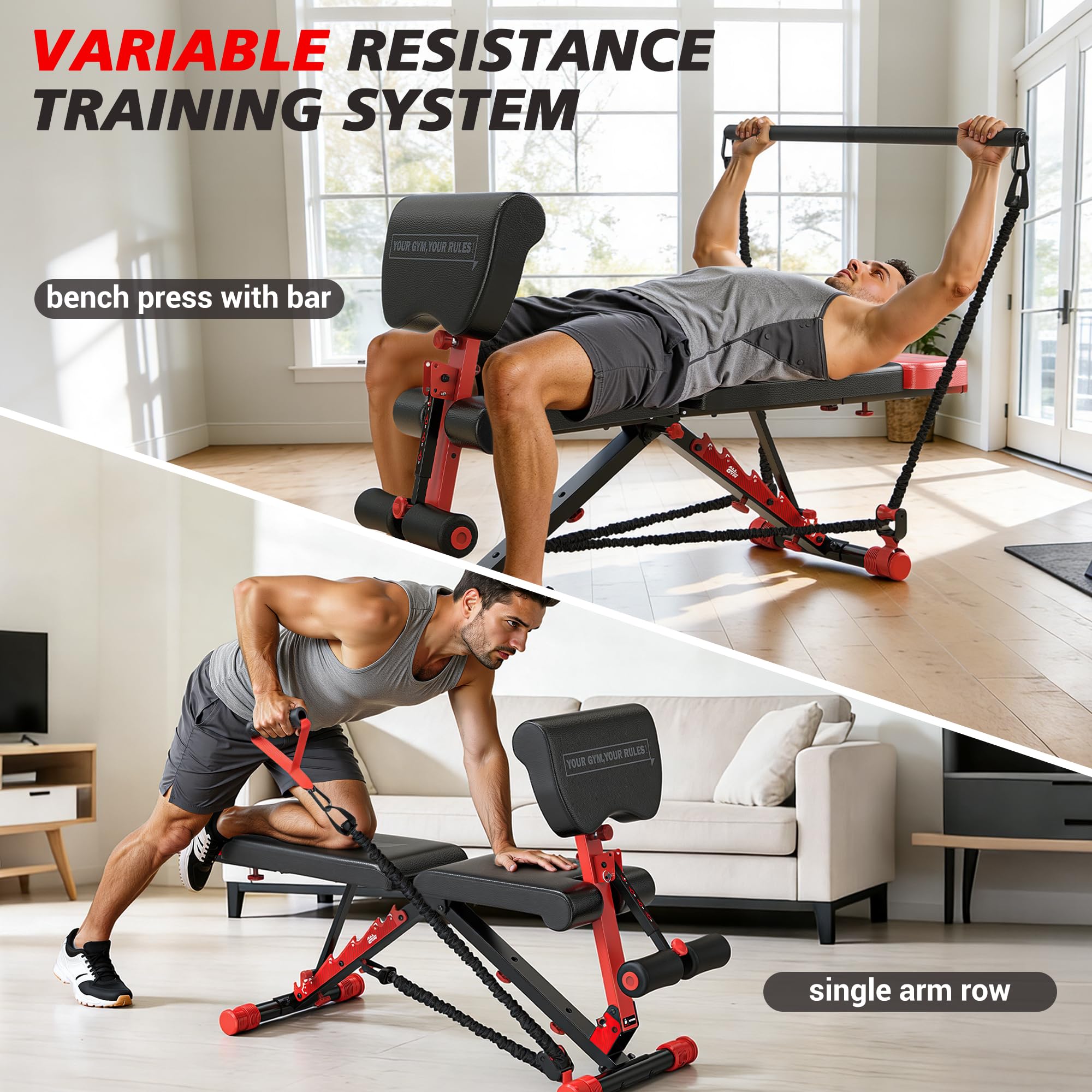 Workout Bench, Foldable Weight Bench with Variable Resistance Training Set, 880LBS Adjustable Bench with Leg Extension, Preacher Curl, Extended Headrest, Incline Decline Flat Bench for Strength Training