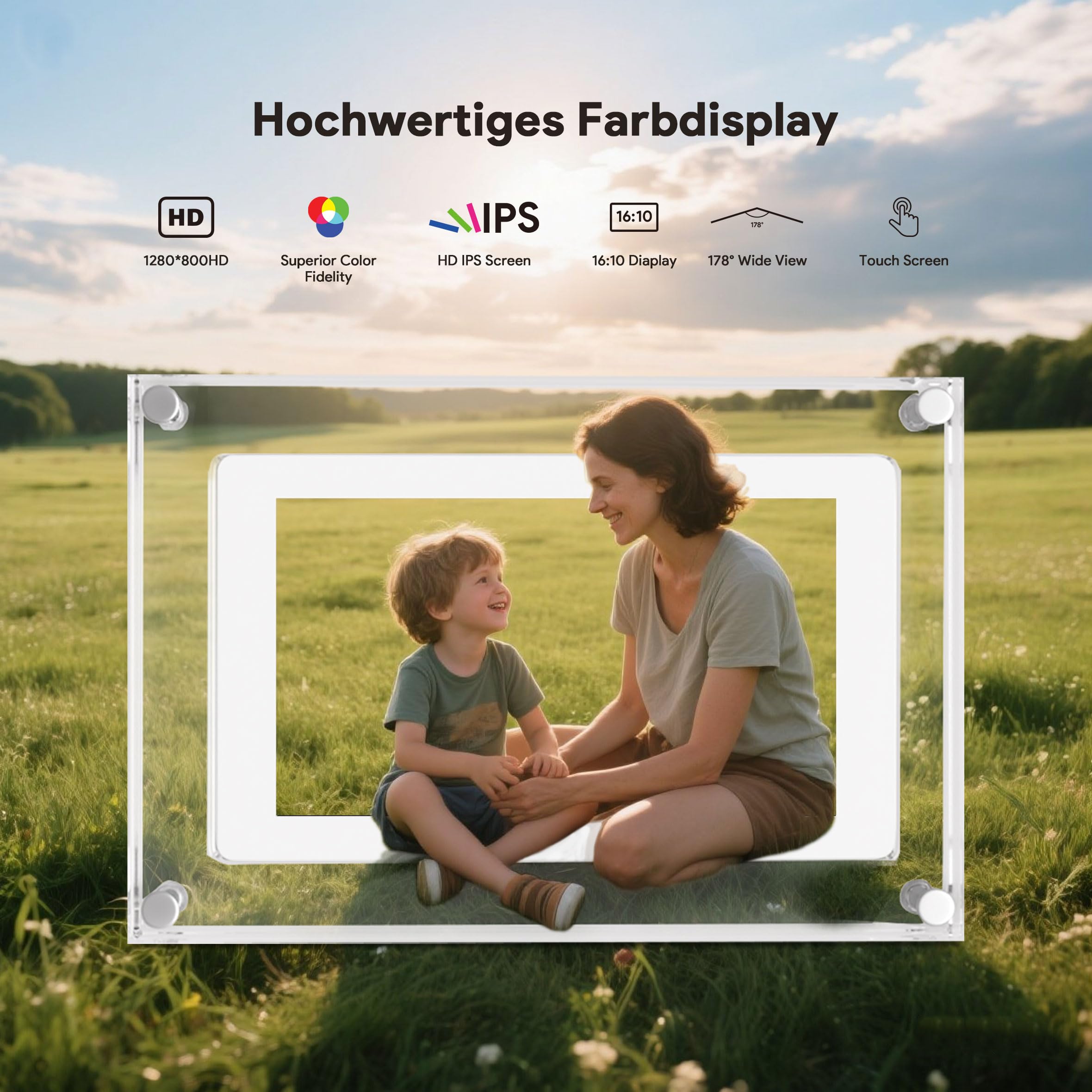 5 Zoll Acryl Digitaler Bilderrahmen mit HD Touchscreen 32GB Interner Speicher mit Auto-Rotation Frameo APP