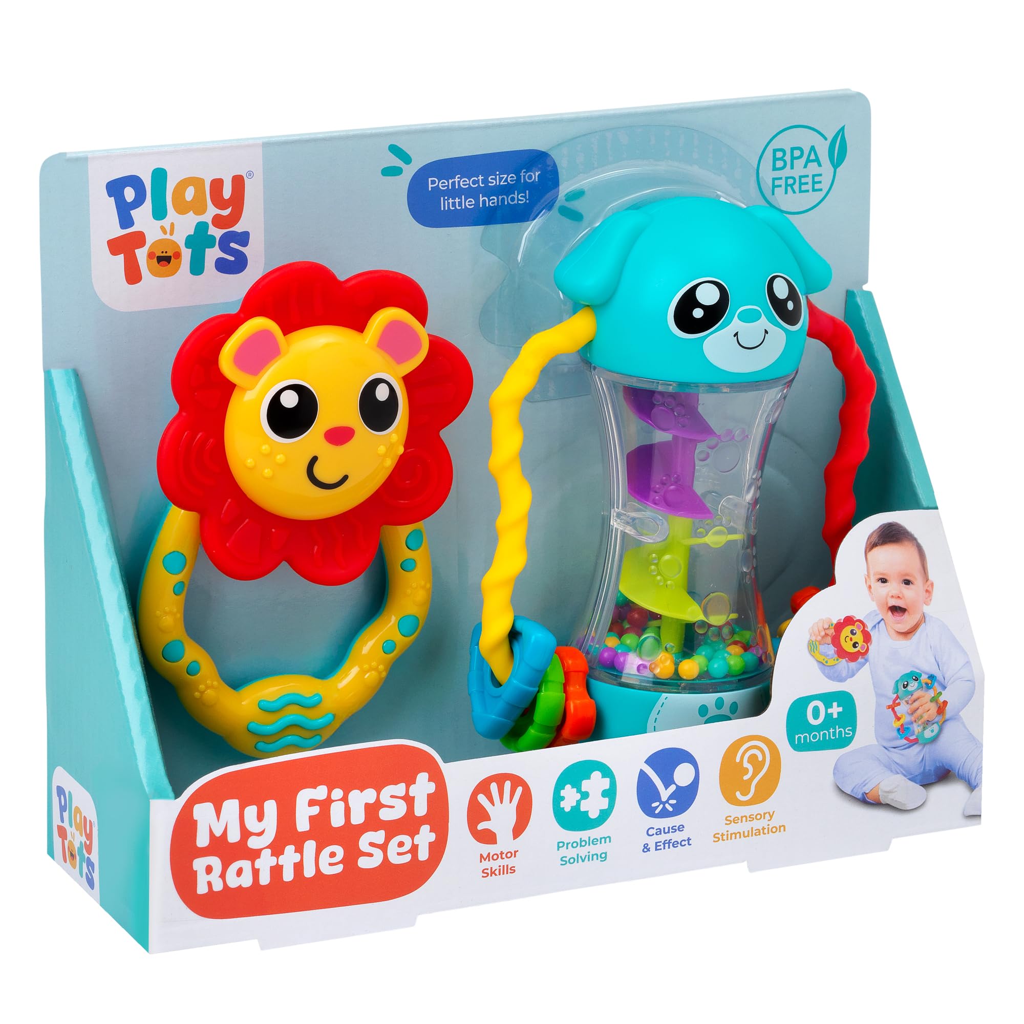 John Adams | Play Tots - My First Rattle Set | Easy-to-Grip Animal Character rattles to Shake and Spin, 100% BPA Free | Baby and Toddler Toys | Suitable from Birth