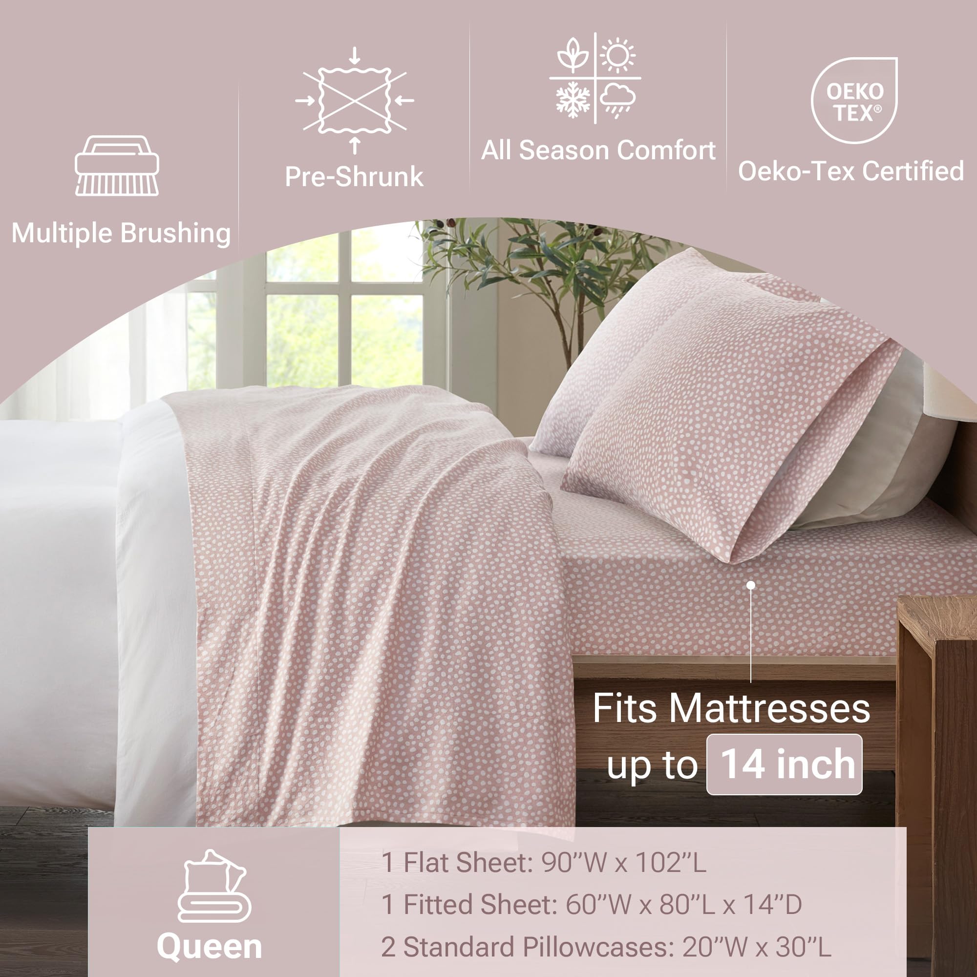 True North by Sleep Philosophy Cozy Flannel Warm 100% Cotton Sheet - Novelty Print Animals Stars Cute Ultra Soft Cold Weather Bedding Set, Queen, Blush Dots 4 Piece