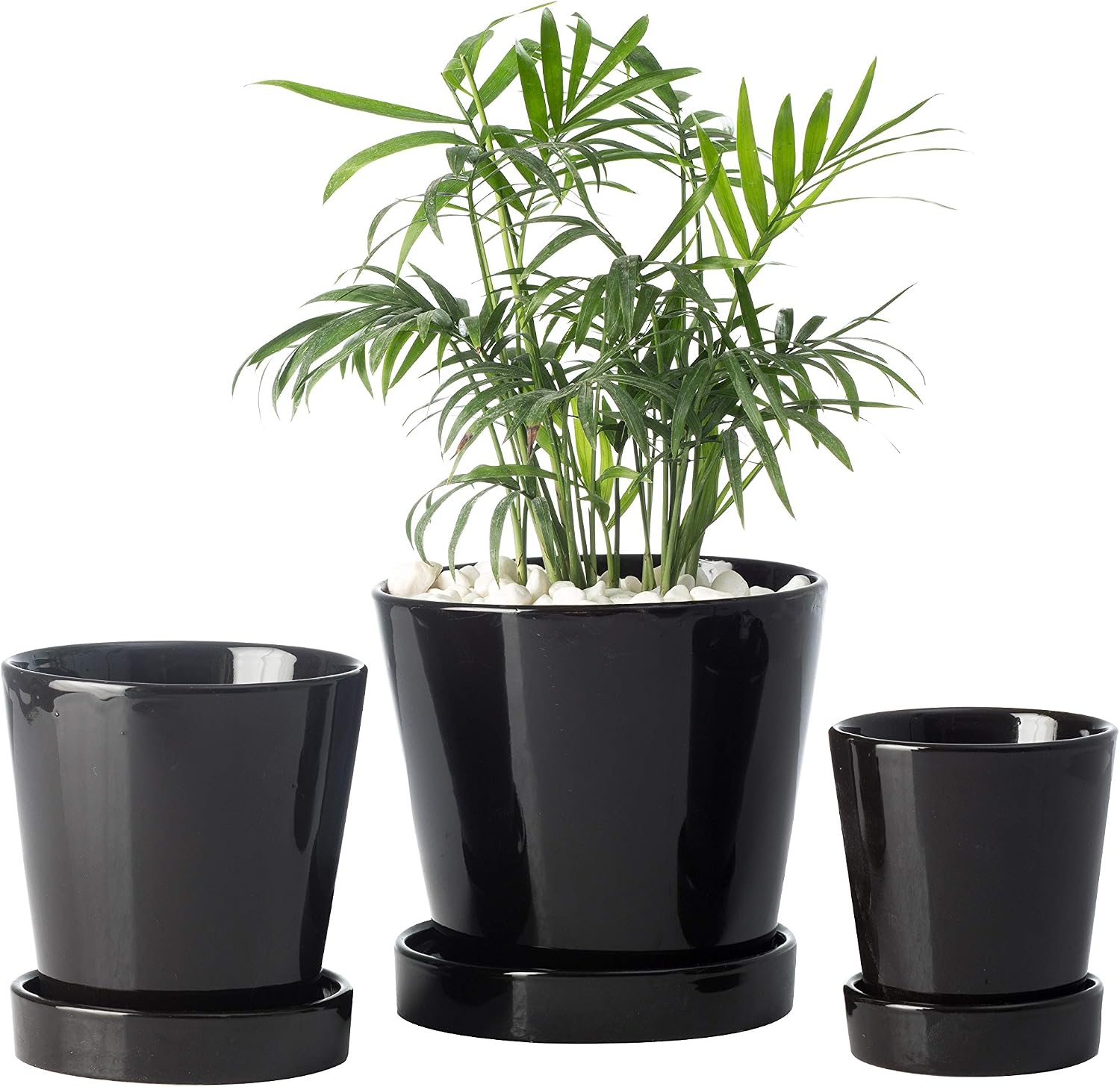 BUYMAX Succulent Planter Pots –3”+4 +5” Ceramic Flower Pot with Drainage Holes and Ceramic Tray - for All House Plants, Flowers and Succulent, Set of 3 (Black)